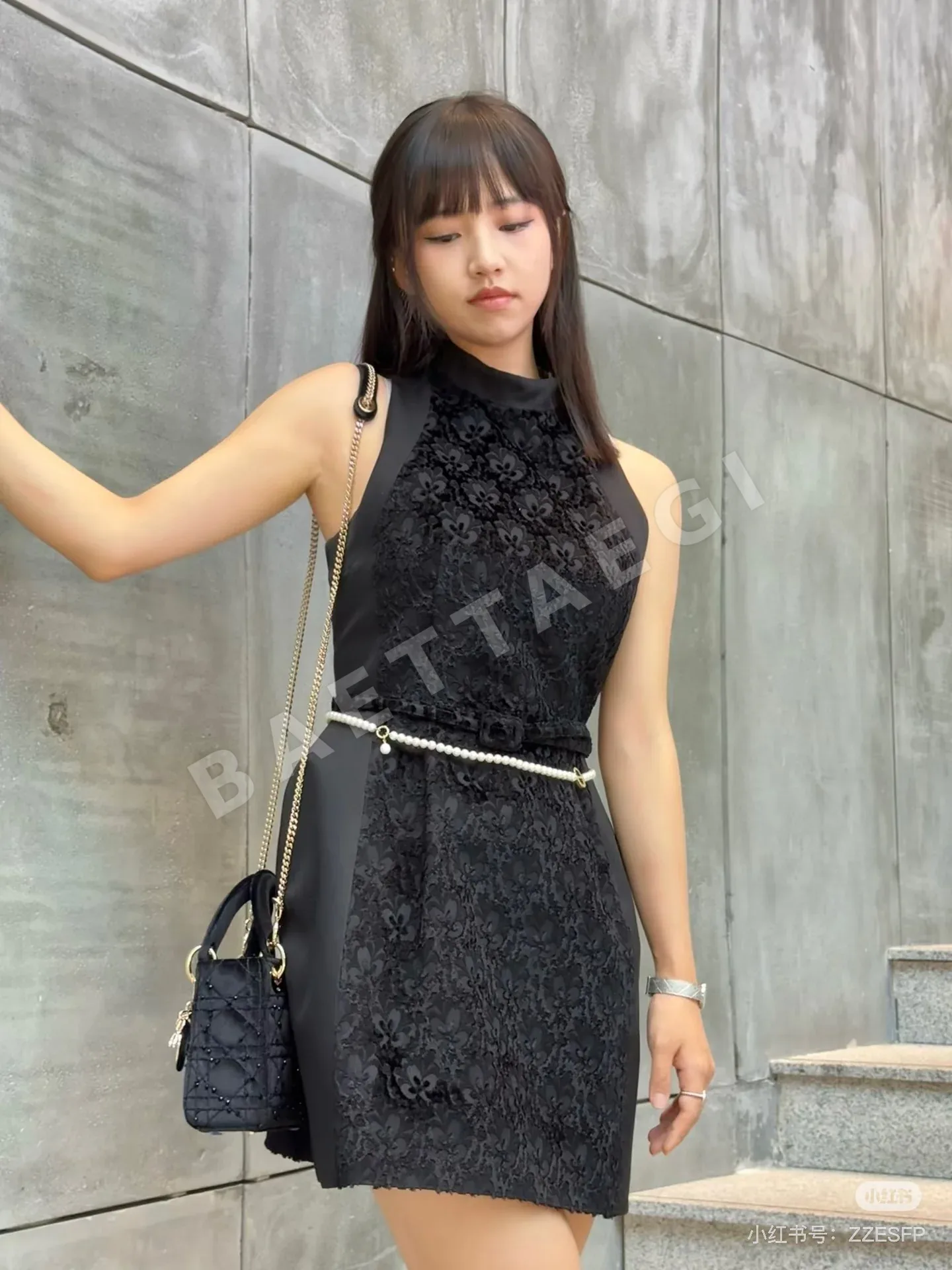 샤넬 민소매 스탠드 카라 A라인 여성 원피스 상세 이미지 7