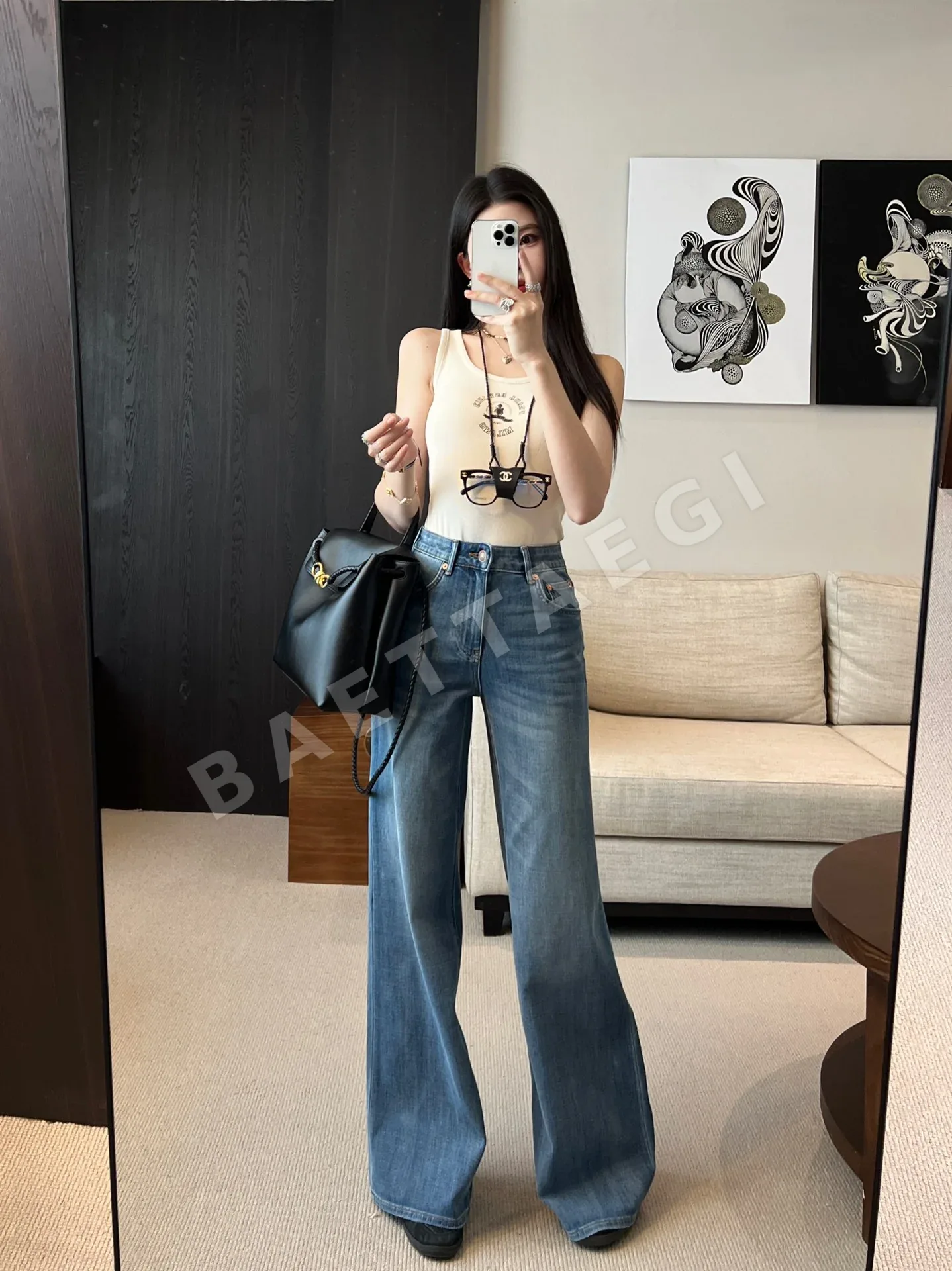 발렌시아가 자수 로고 데님 스트레이트 바지 102347