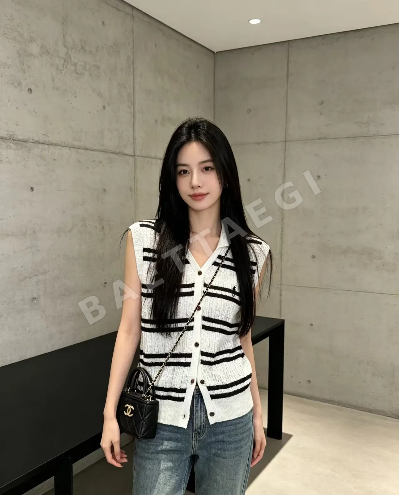 톰브라운 여성 스트라이프 카라 반팔 니트 베스트 127849