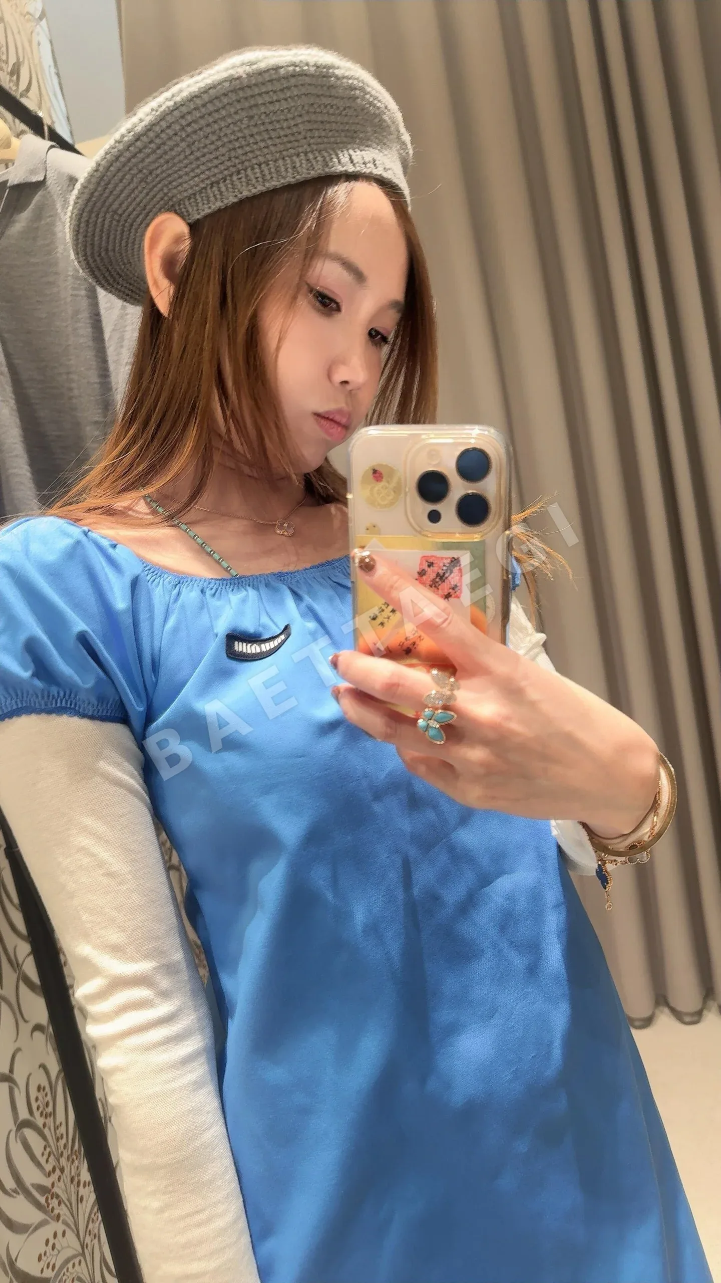 미우미우 스카이 블루 퍼프소매 A라인 원피스 상세 이미지 8