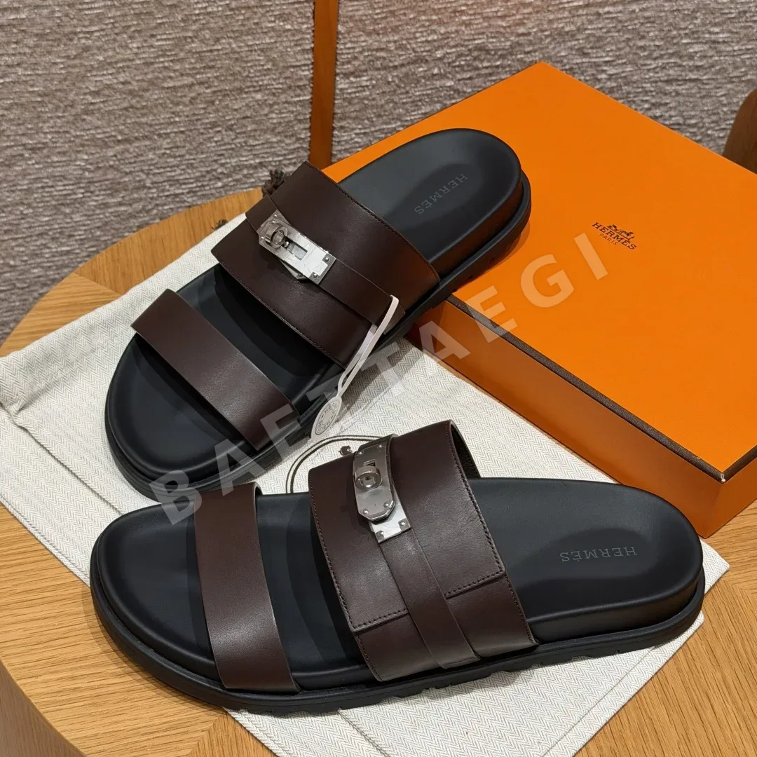 에르메스 잭슨 샌들 에베네 브라운 가죽 실버 버클 상세 이미지 6