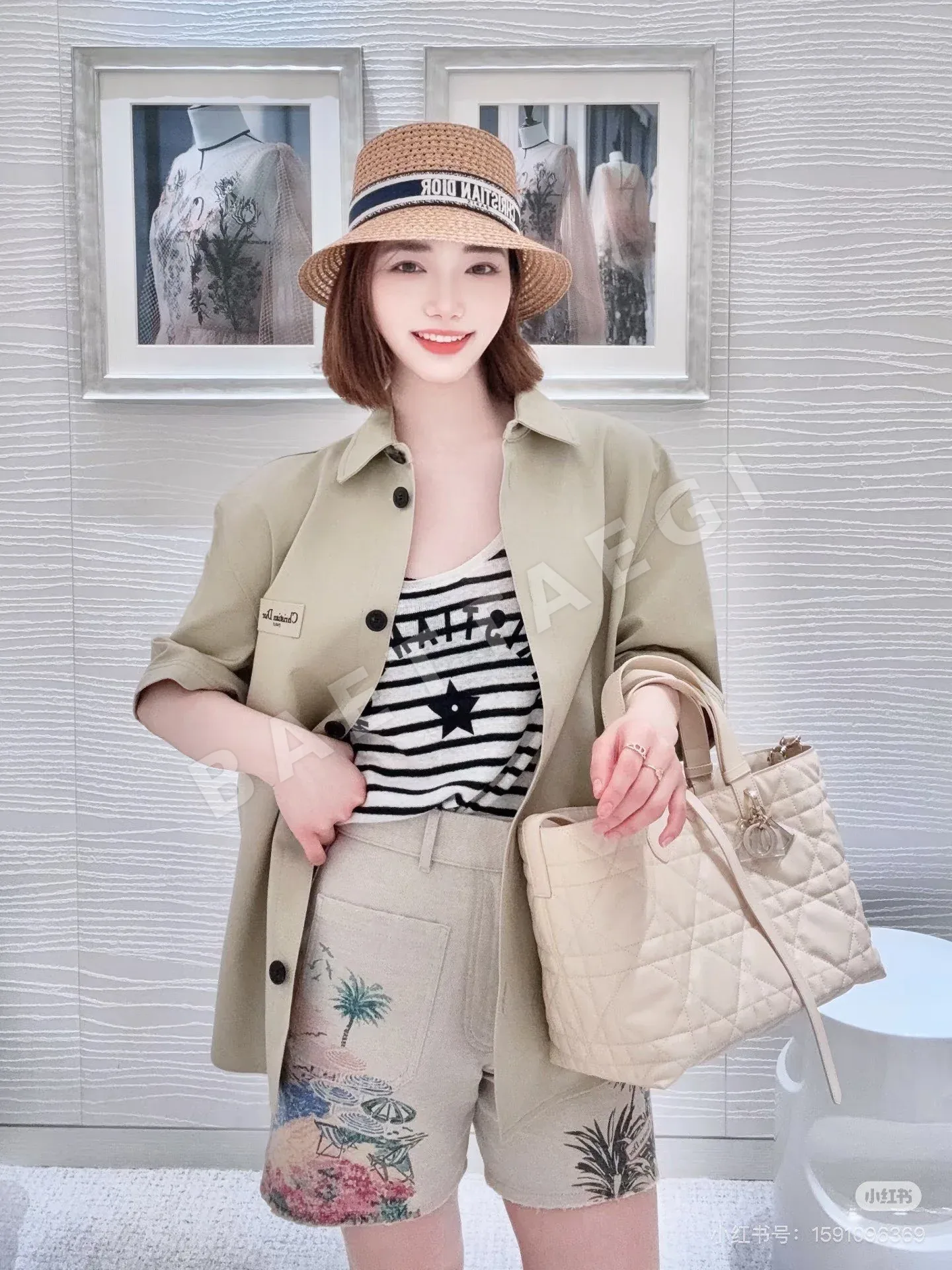 디올 프린트 데님 재킷 반바지 세트 상세 이미지 6