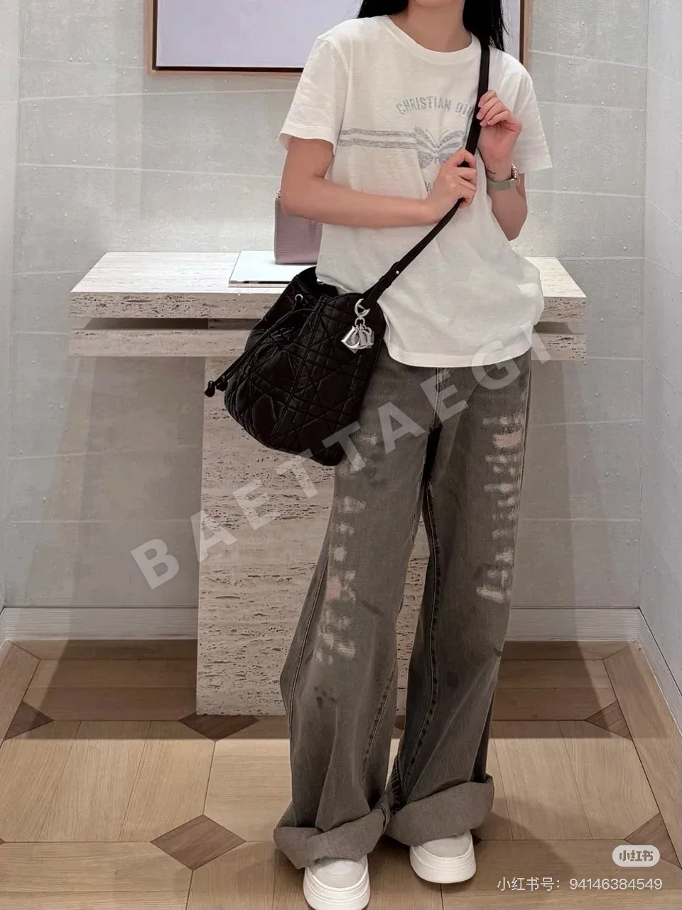디올 데미지 와이드 레그 면 데님 바지 상세 이미지 2