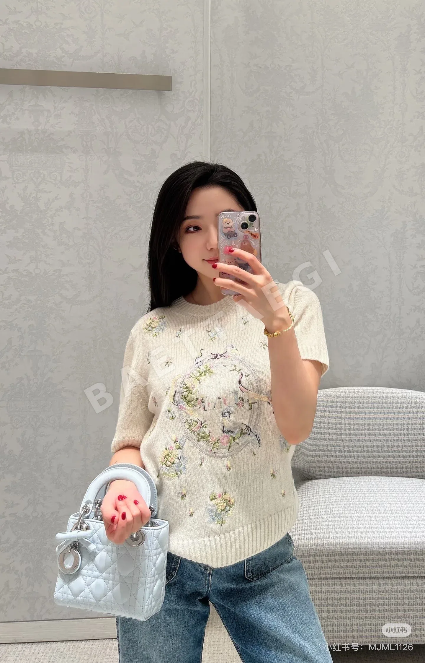 디올 캐시미어 자수 여성 반팔 니트 상세 이미지 2