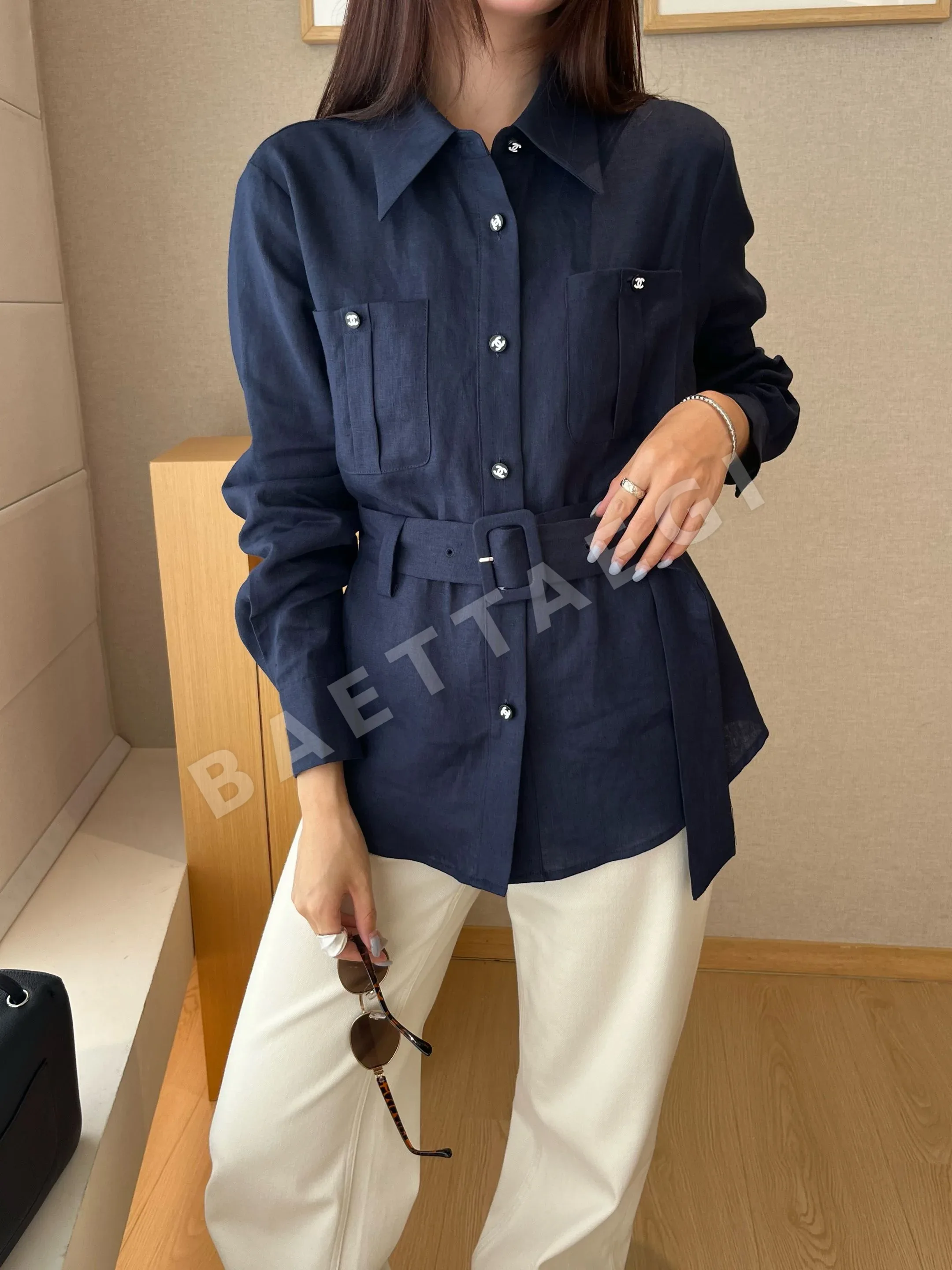 샤넬 더블 C 버튼 린넨 허리 벨트 셔츠 163804