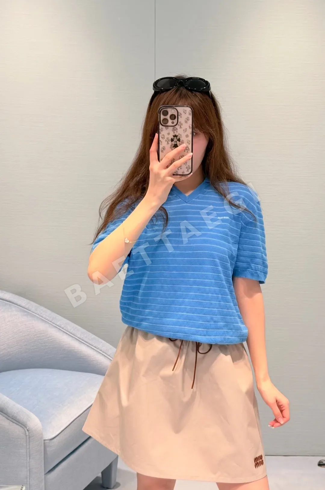 미우미우 베이지 나일론 여성 바지 상세 이미지 4