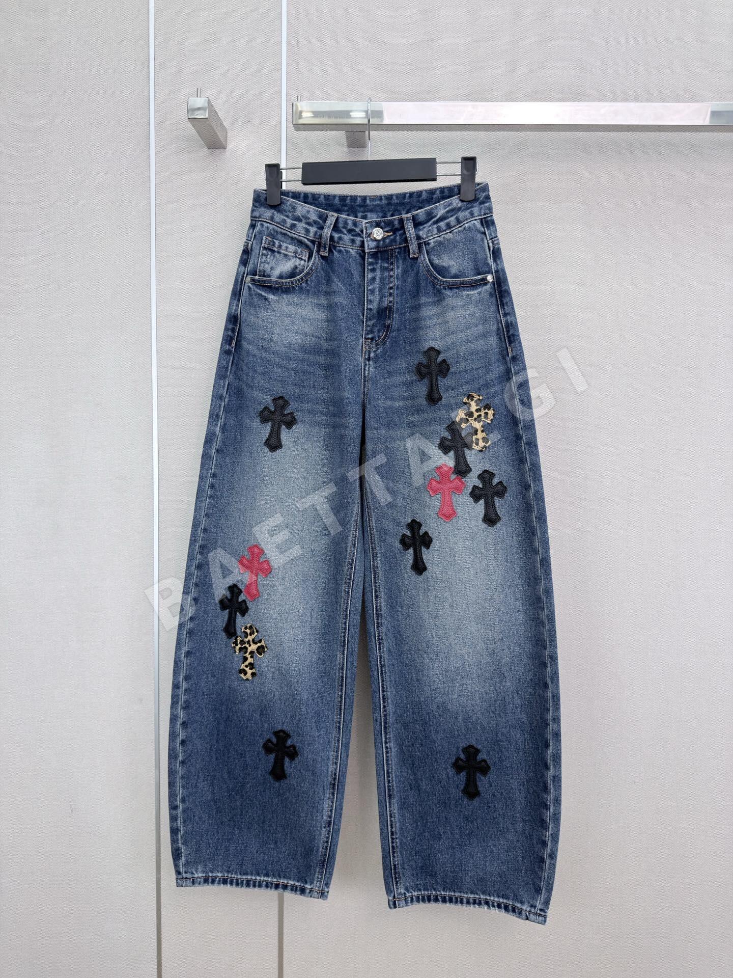 크롬하츠 레더 크로스 커브 블레이드 와이드 데님 여성 의류 154598