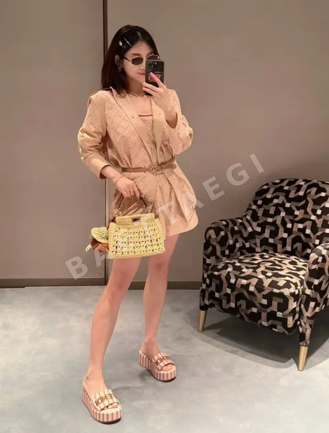 펜디 살구색 메시 다이아몬드 패턴 셔츠 재킷 상세 이미지 4