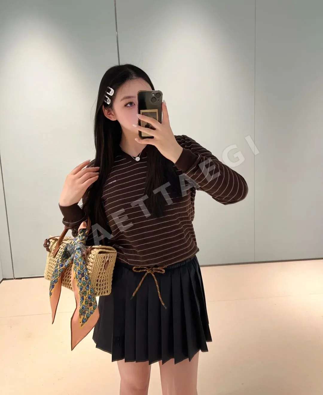 미우미우 스트라이프 폴로카라 코튼 니트 긴팔 상세 이미지 6