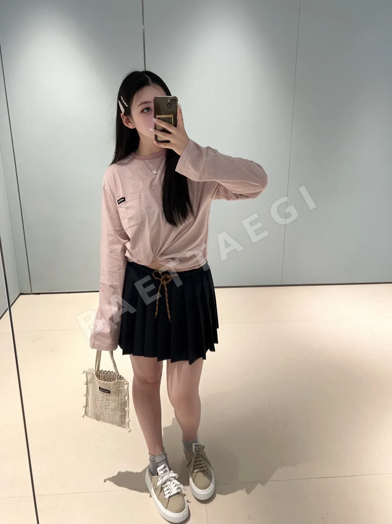 미우미우 핑크 핀스트라이프 코튼 긴팔 티셔츠 상세 이미지 6