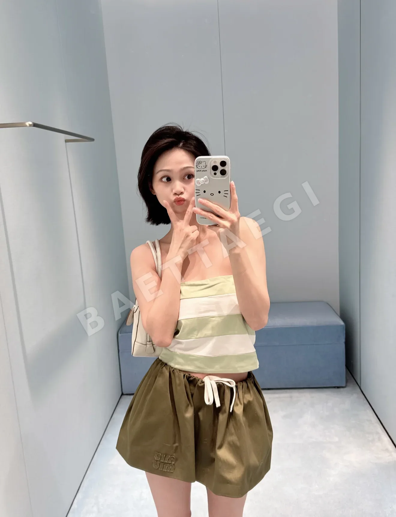 미우미우 스트라이프 밴듀 반팔 탑 상세 이미지 4