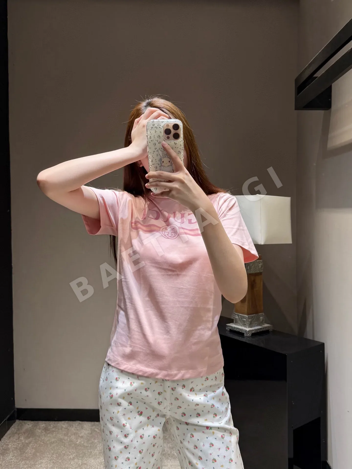 구찌 벚꽃 핑크 인터로킹 더블 G 프린트 반팔티셔츠 91383