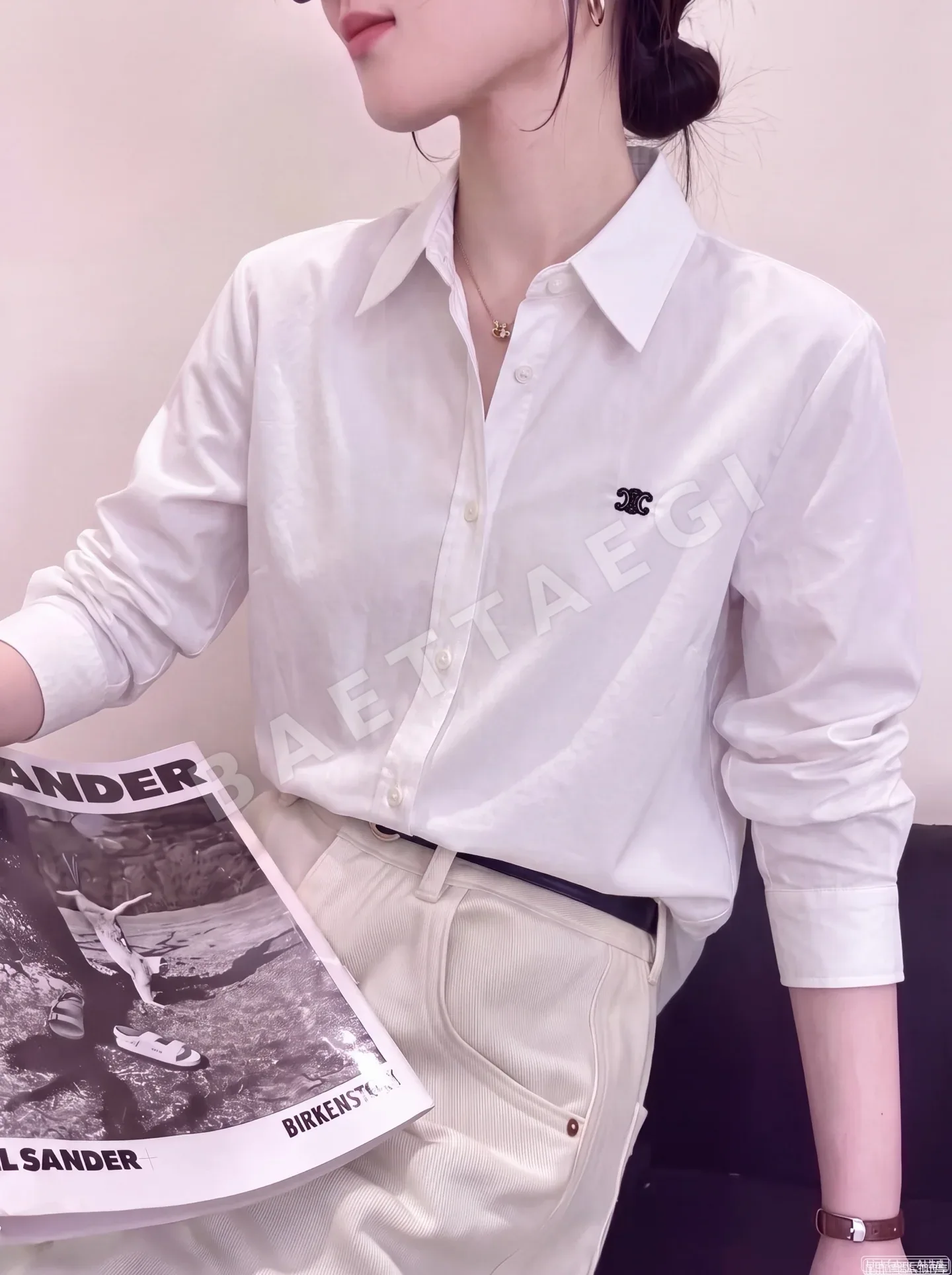 셀린느 자수 면 카라 긴소매 셔츠 상세 이미지 2