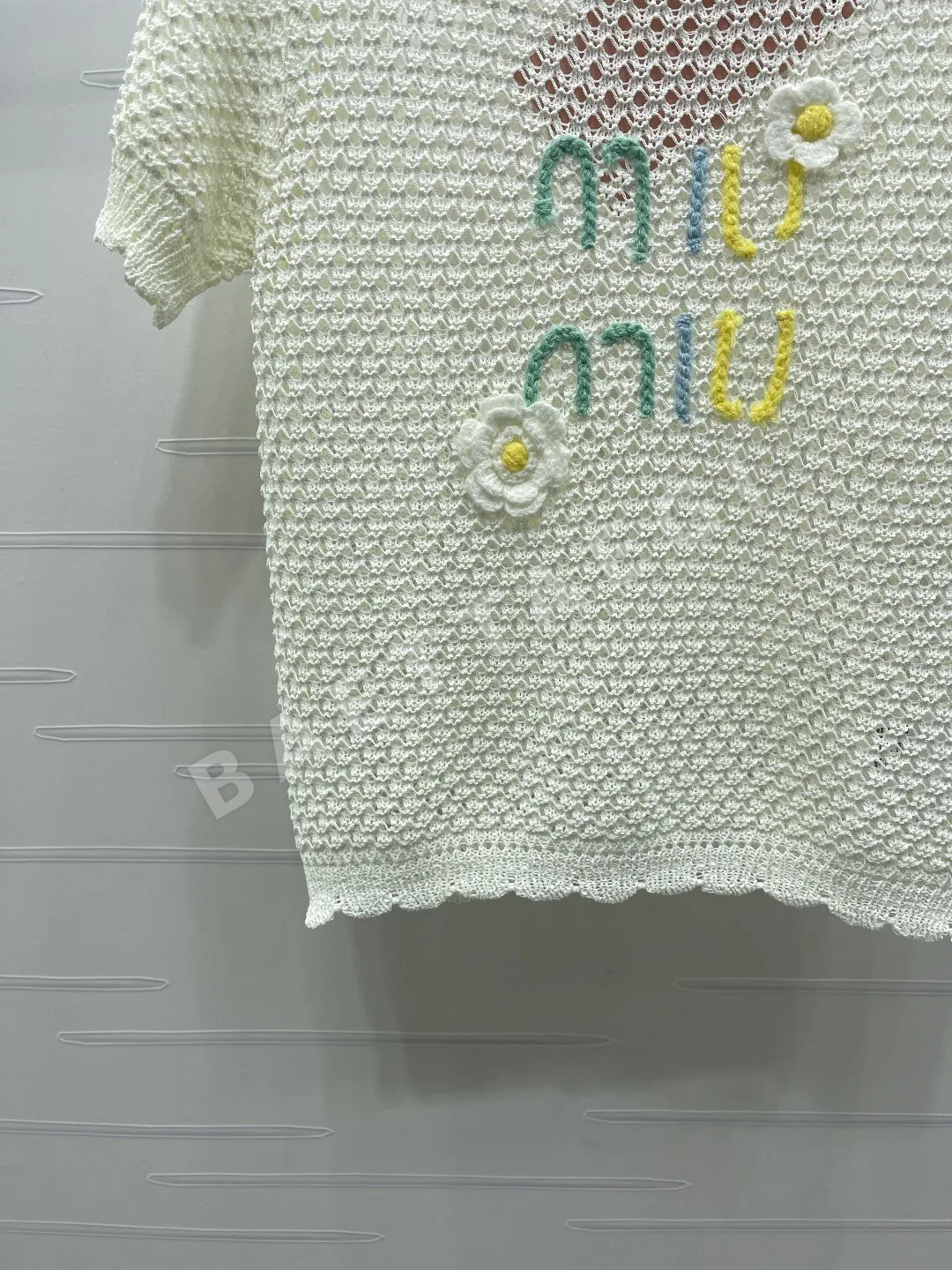 미우미우 시스루 니트 라운드넥 반팔 탑 상세 이미지 5