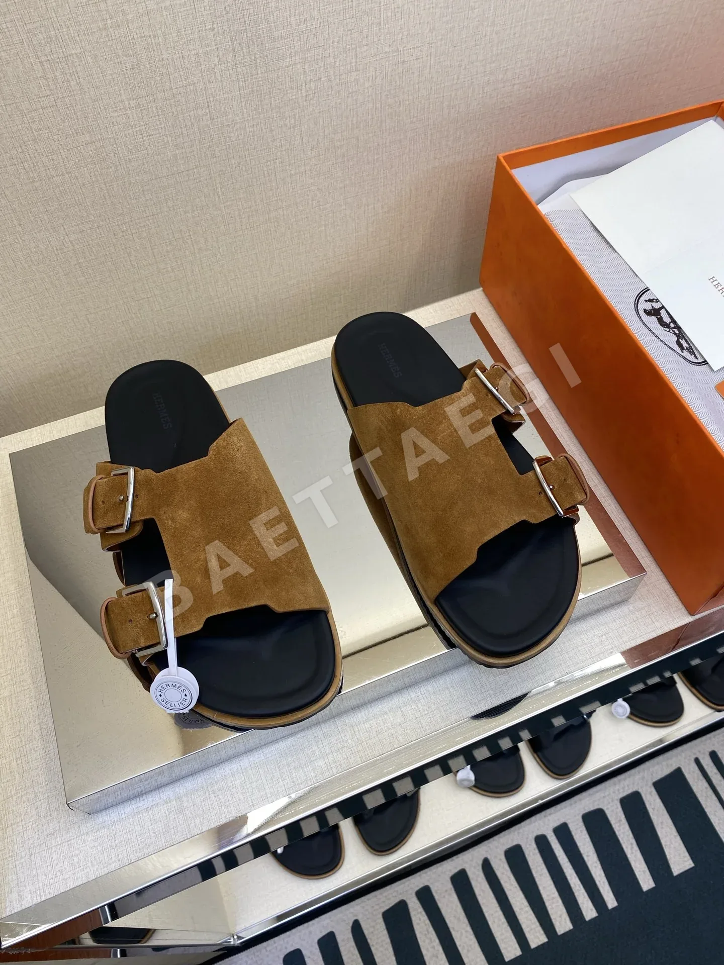 에르메스 샌들 남성 가죽 더블 버클 163622