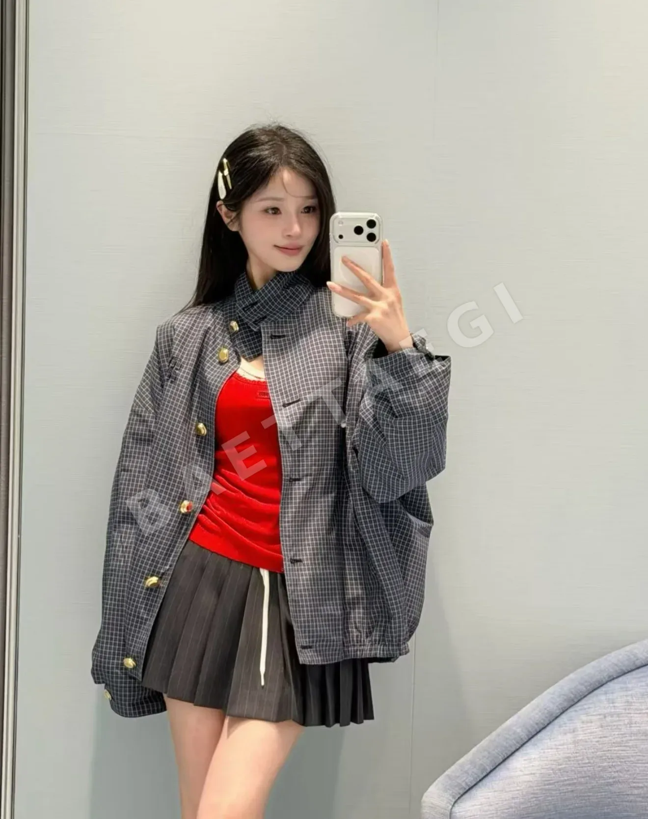 미우미우 업리케 자수 체크 금장 버튼 자켓 상세 이미지 10