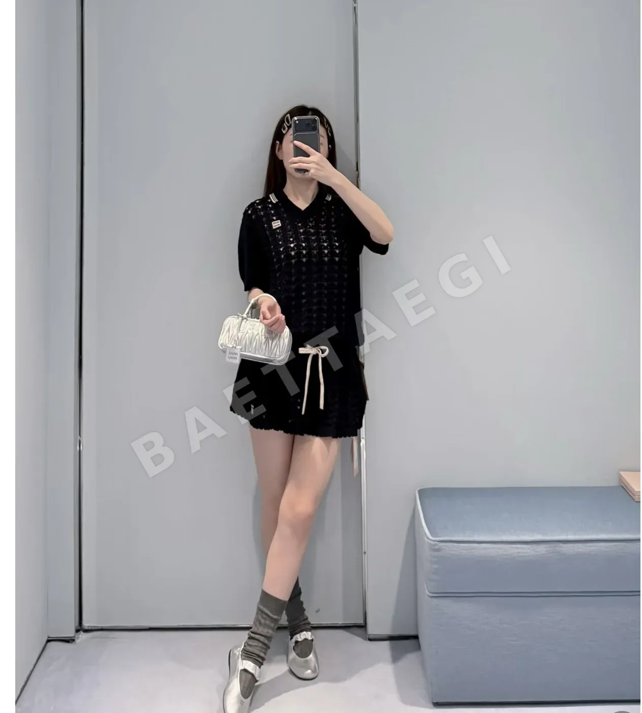 미우미우 다크 블루 홀로우 아웃 니트 스커트 상세 이미지 2
