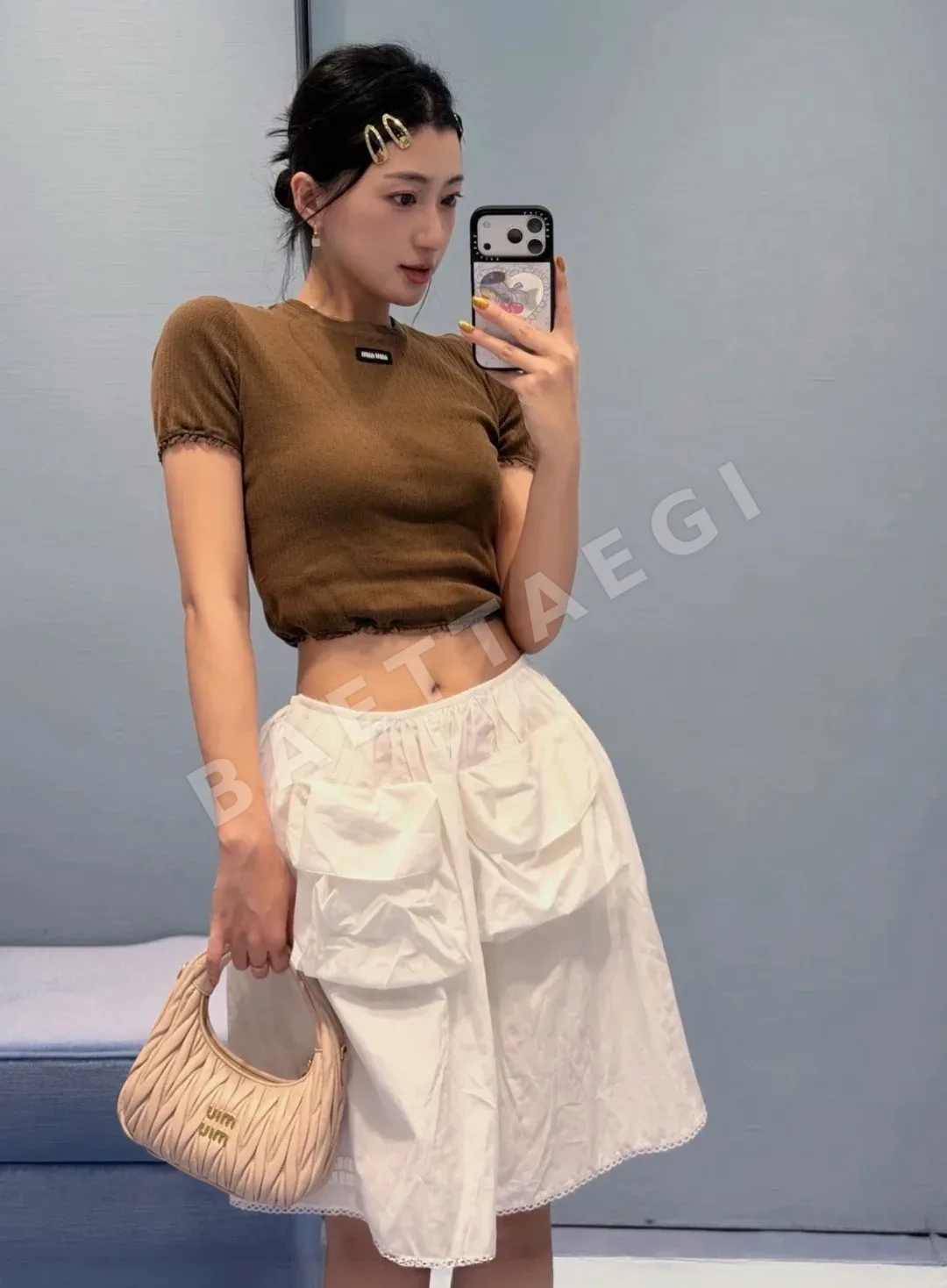 미우미우 레이스 트림 라운드넥 반팔 탑 상세 이미지 2