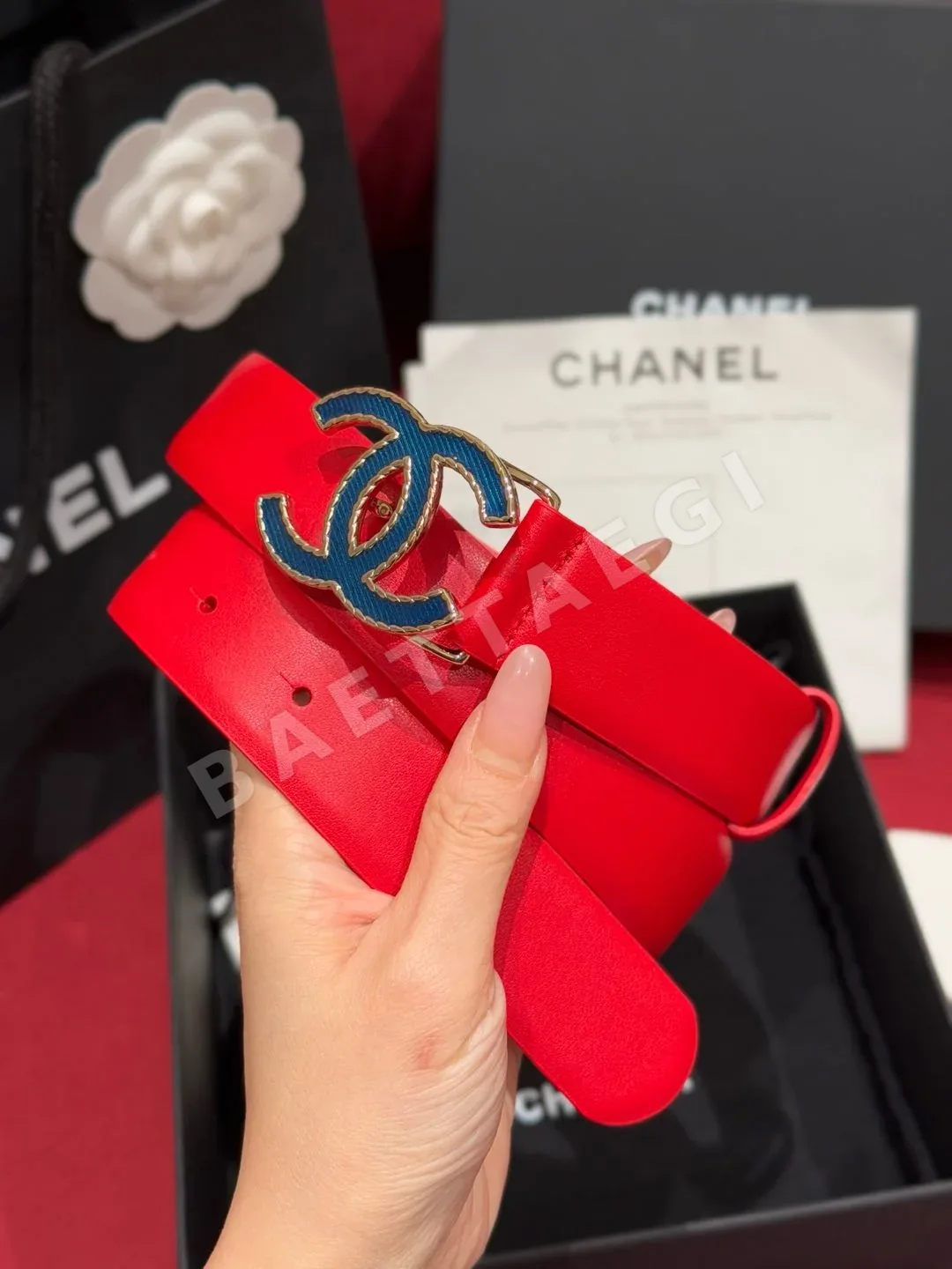 샤넬 더블 C 데님 버클 가죽 벨트 173860