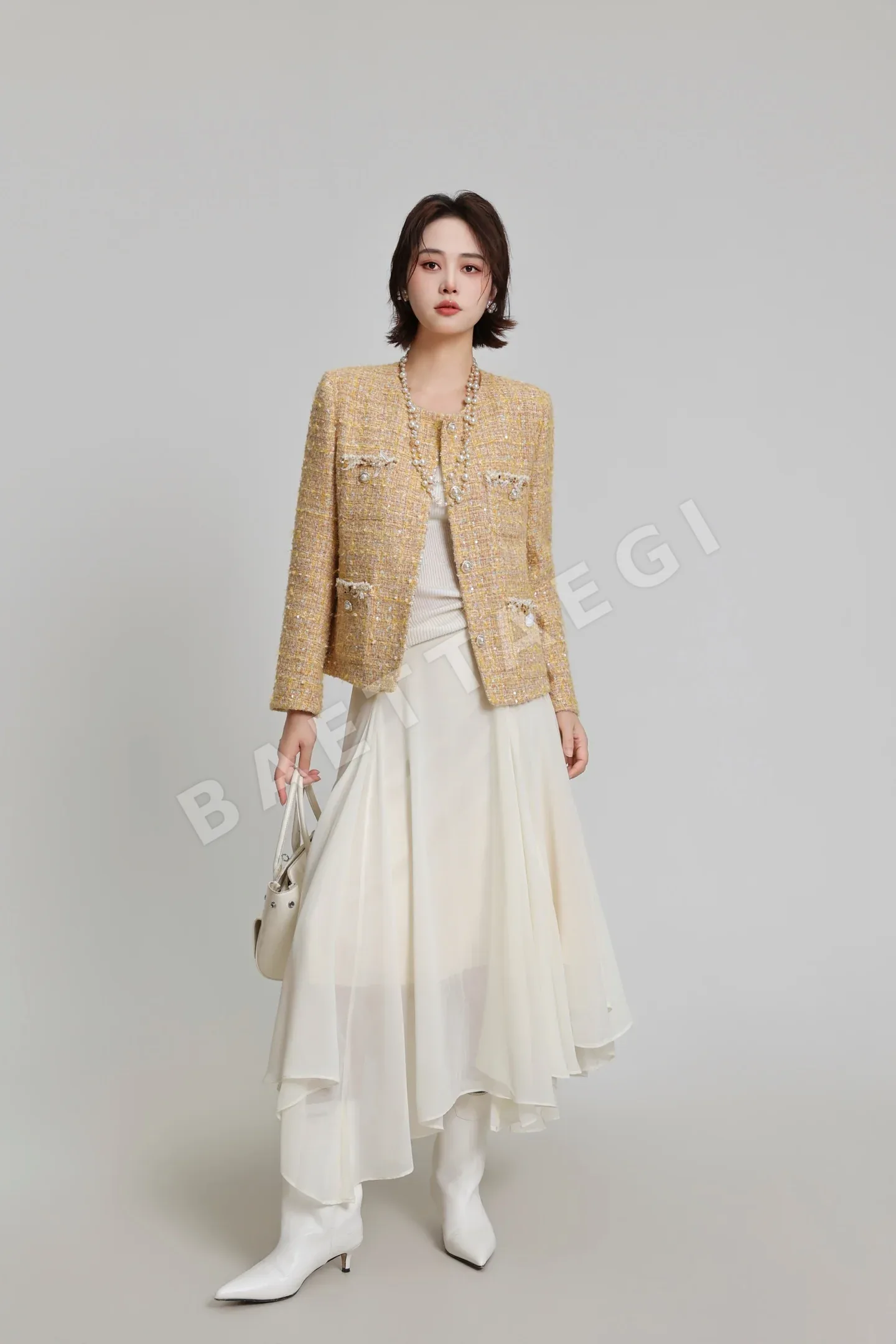 샤넬 허니옐로 체크 진주 버튼 여성 자켓 163874