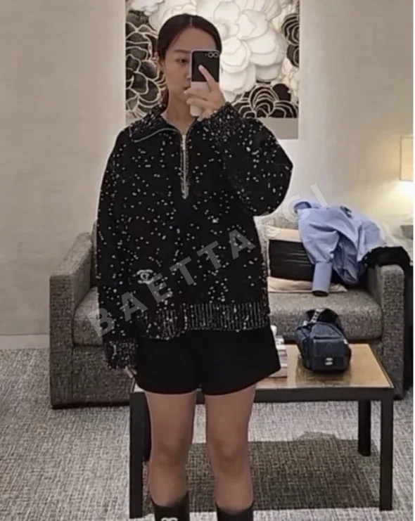 샤넬 금속 지퍼 하프 집업 카라 여성 니트 상세 이미지 3