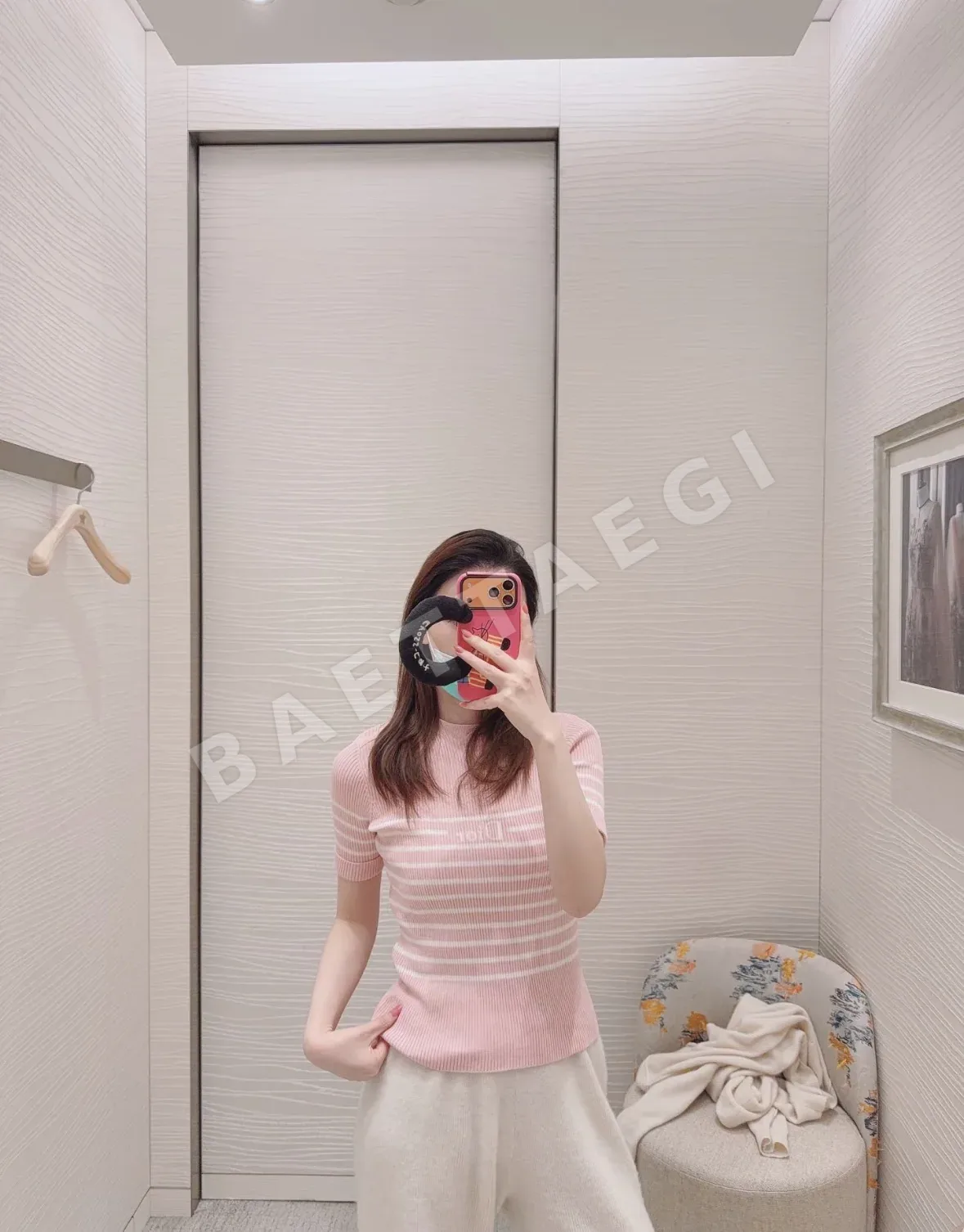 디올 스트라이프 자수 니트 반팔 탑 상세 이미지 4
