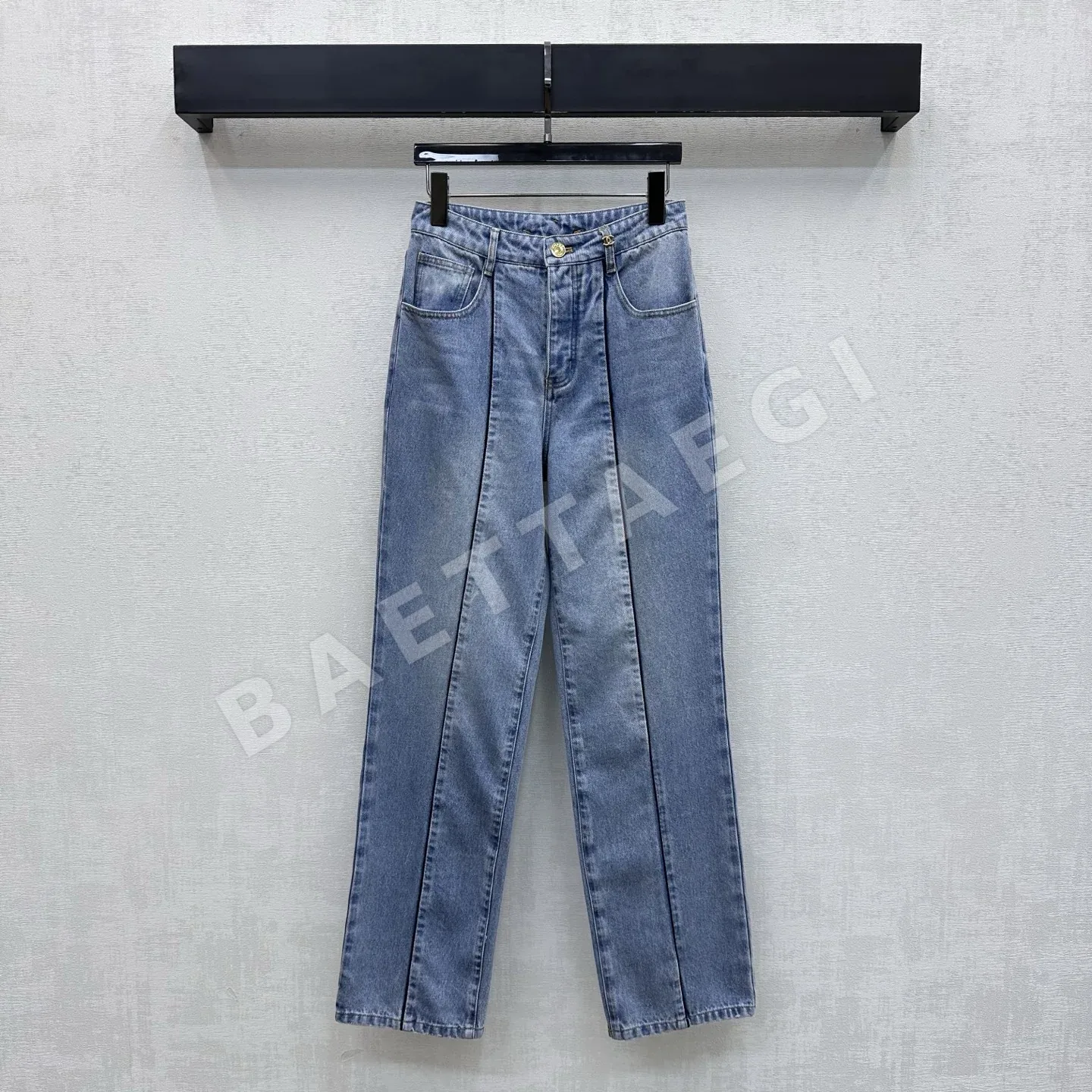 샤넬 골드 버튼 레이스 디테일 코튼 데님 바지 199878