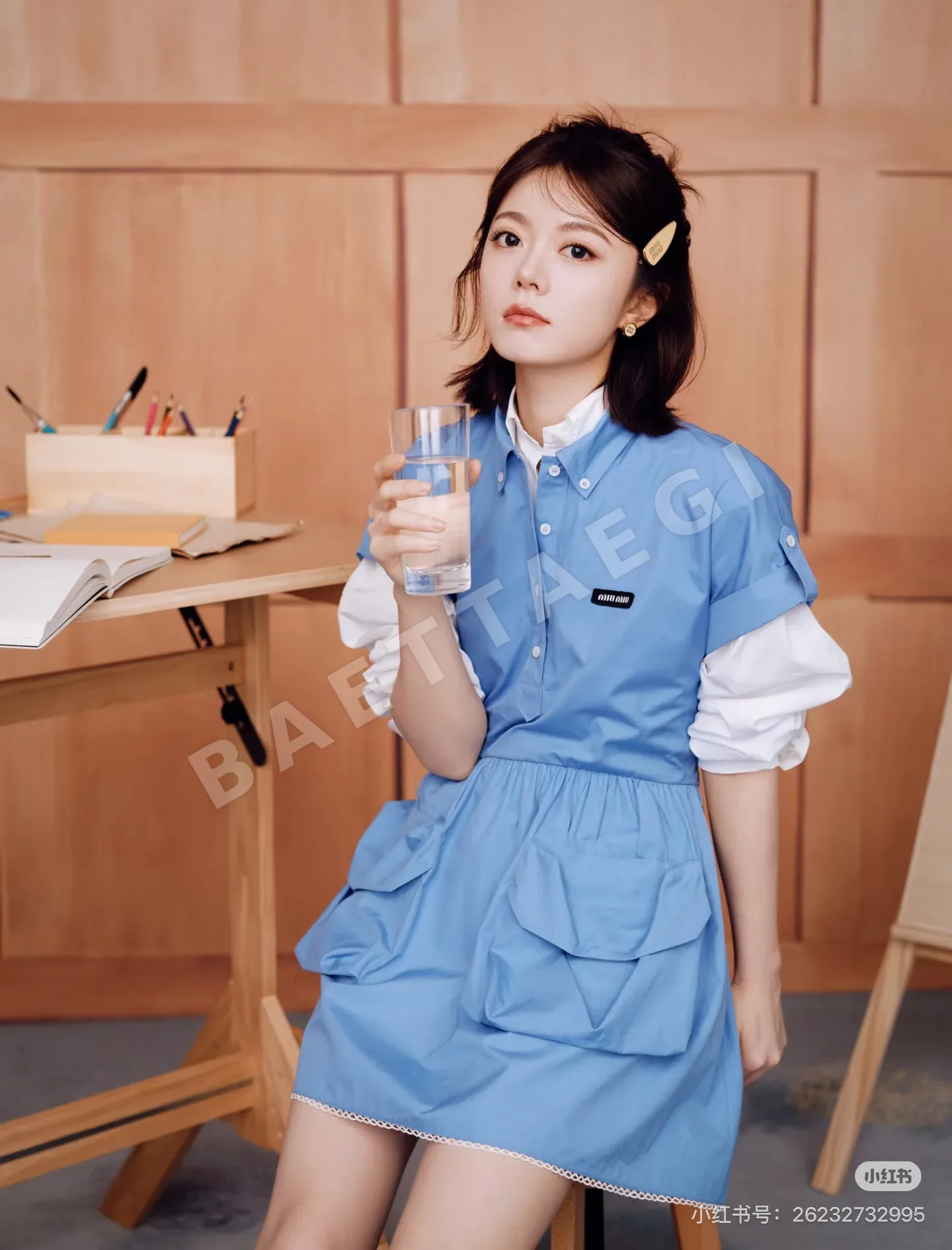 미우미우 컬러 블록 레이어드 셔츠 원피스 상세 이미지 4