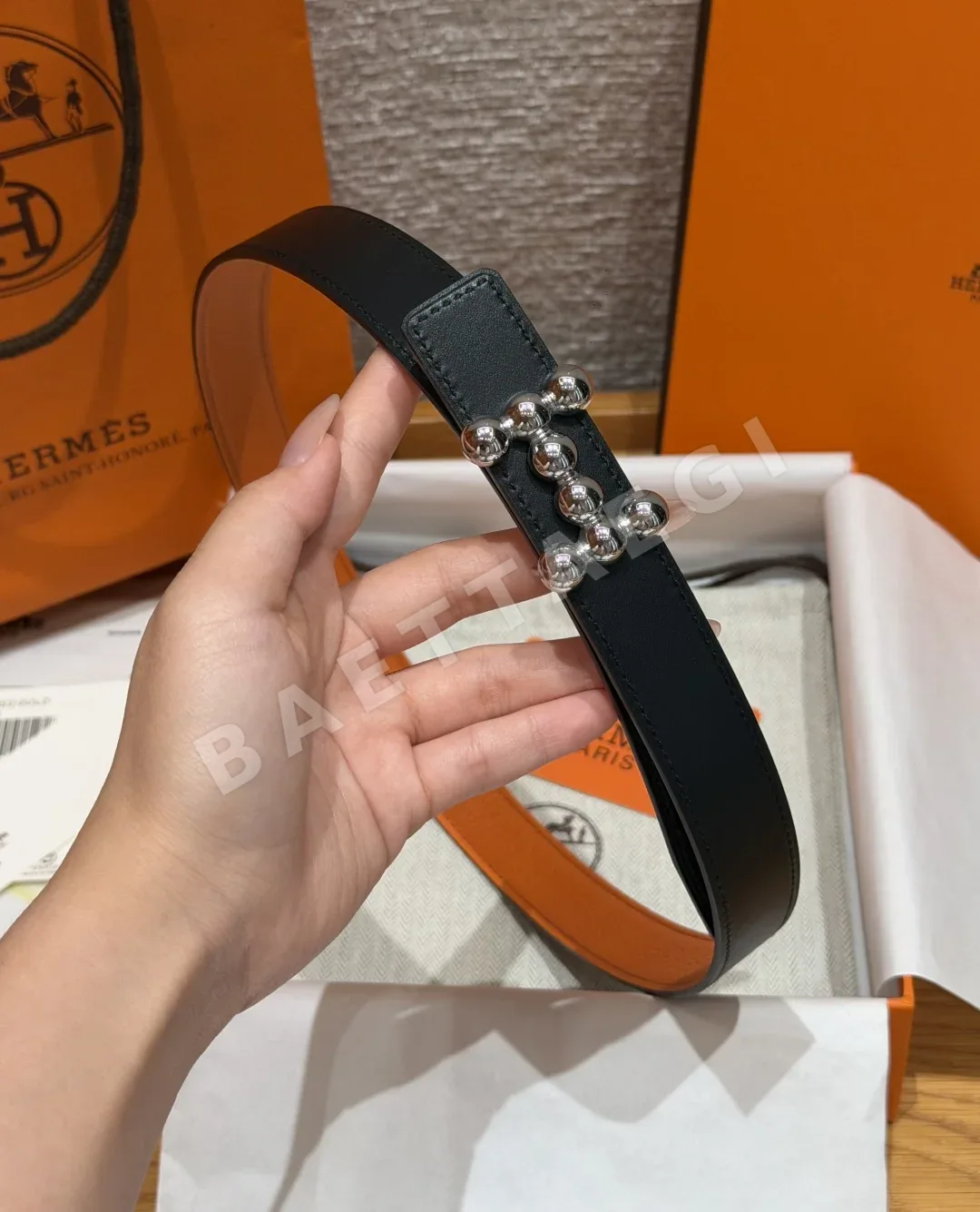 에르메스 H 버클 진주 장식 양면 가죽 벨트 24mm 상세 이미지 5