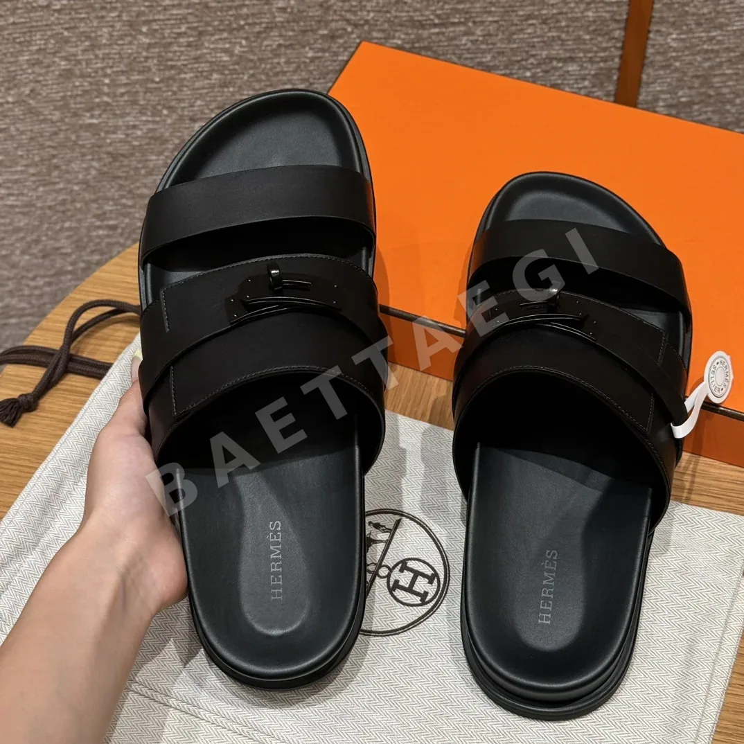 에르메스 잭슨 샌들 블랙 가죽 검정 버튼 상세 이미지 5