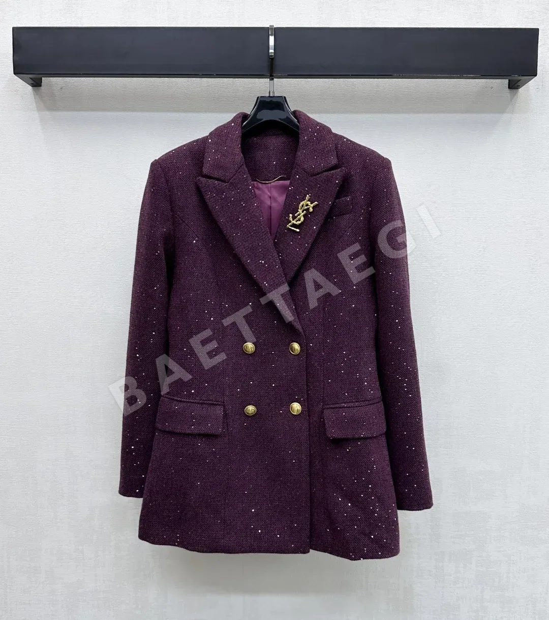 생로랑 라펠 브로치 더블 브레스티드 울 자켓 103377