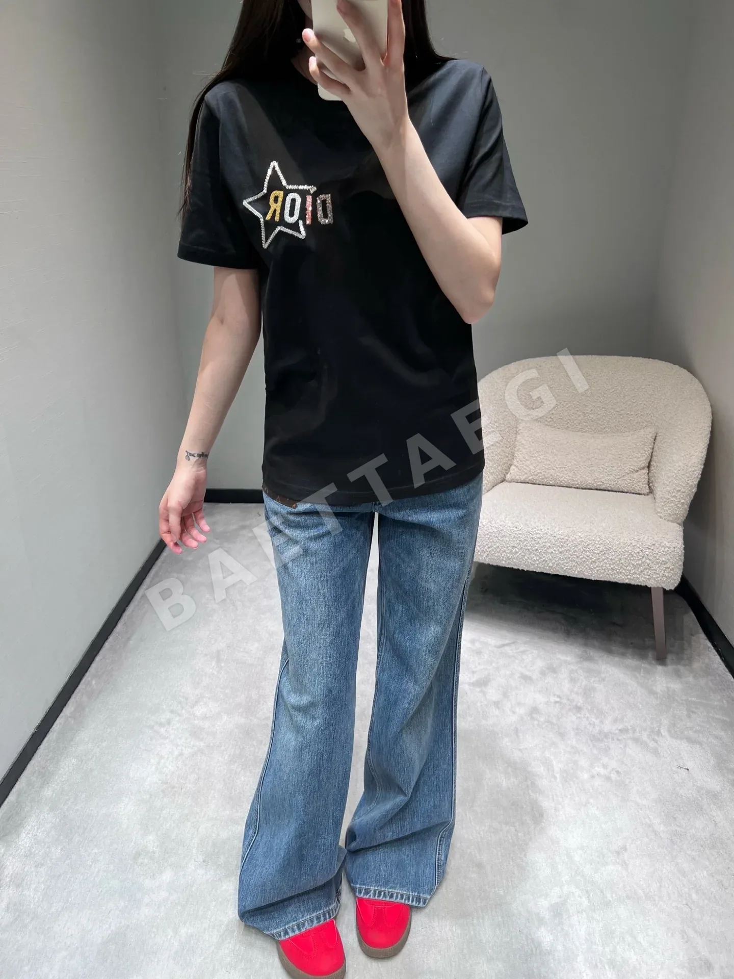 디올 스타 로고 레터 여성 반팔 티셔츠 상세 이미지 8