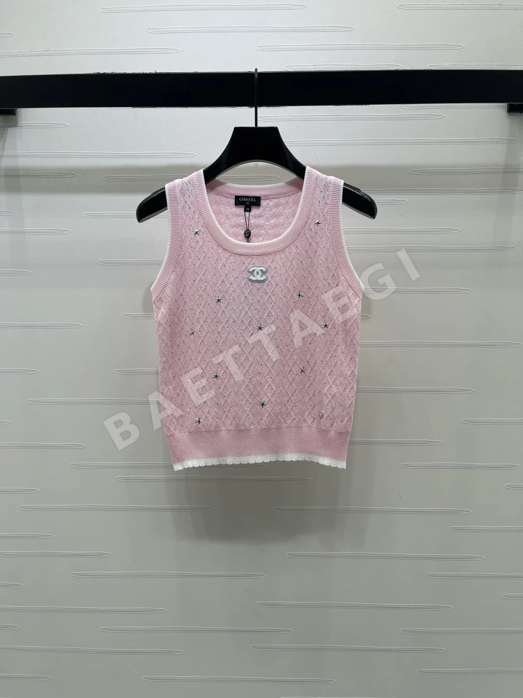 샤넬 다이아몬드 패턴 라인스톤 장식 여성 반팔 니트 베스트 103737