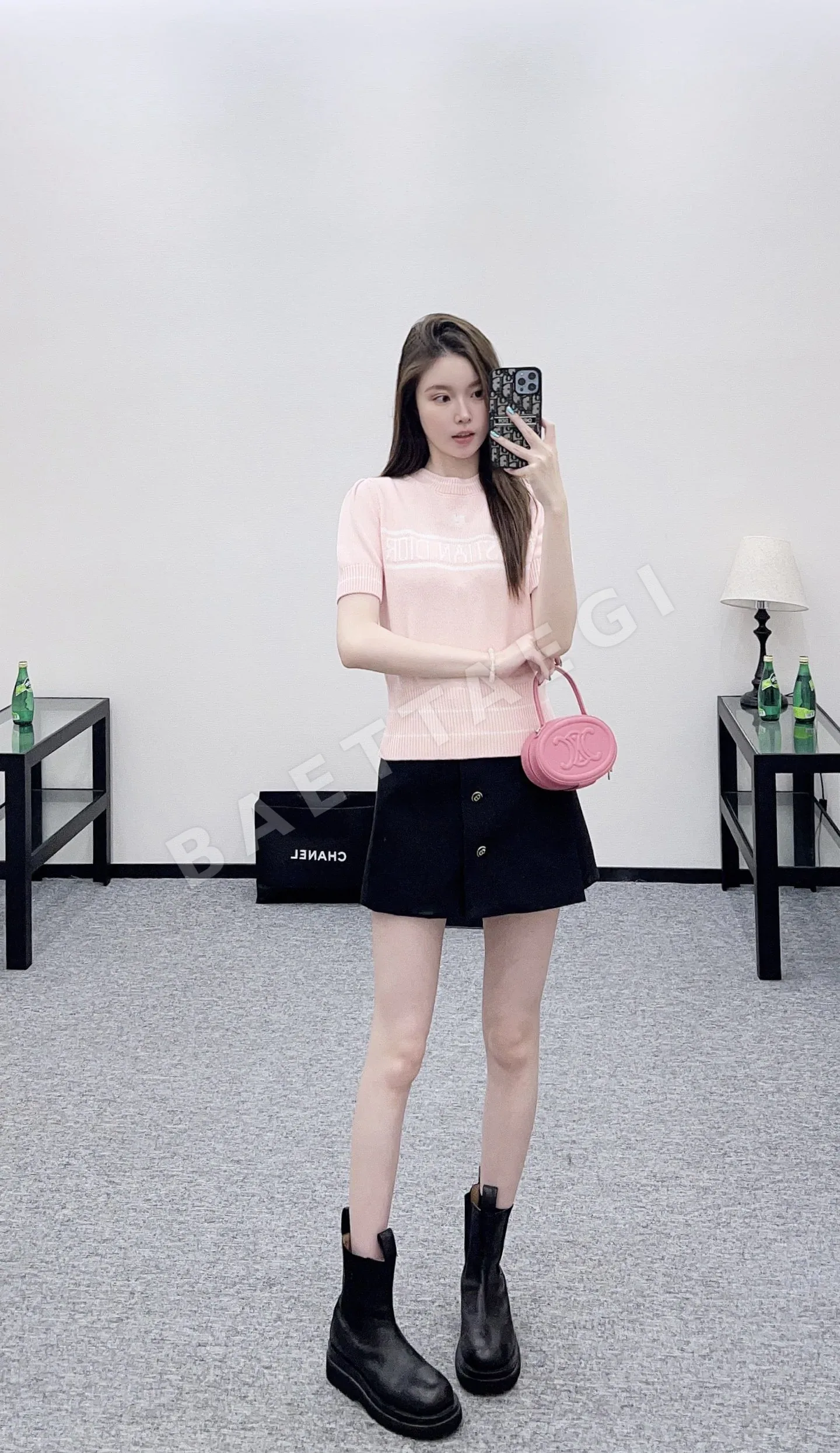 디올 진주 레터 니트 퍼프 소매 반팔 티셔츠 51395