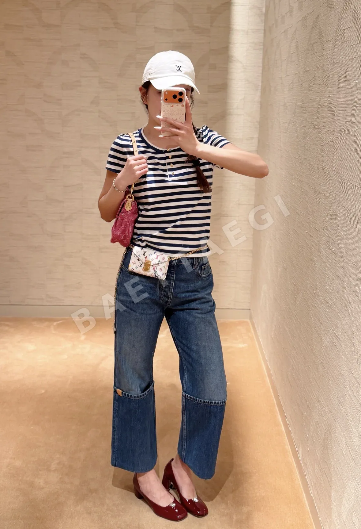 루이비통 블루 화이트 스트라이프 헨리카라 반팔 티셔츠 상세 이미지 5