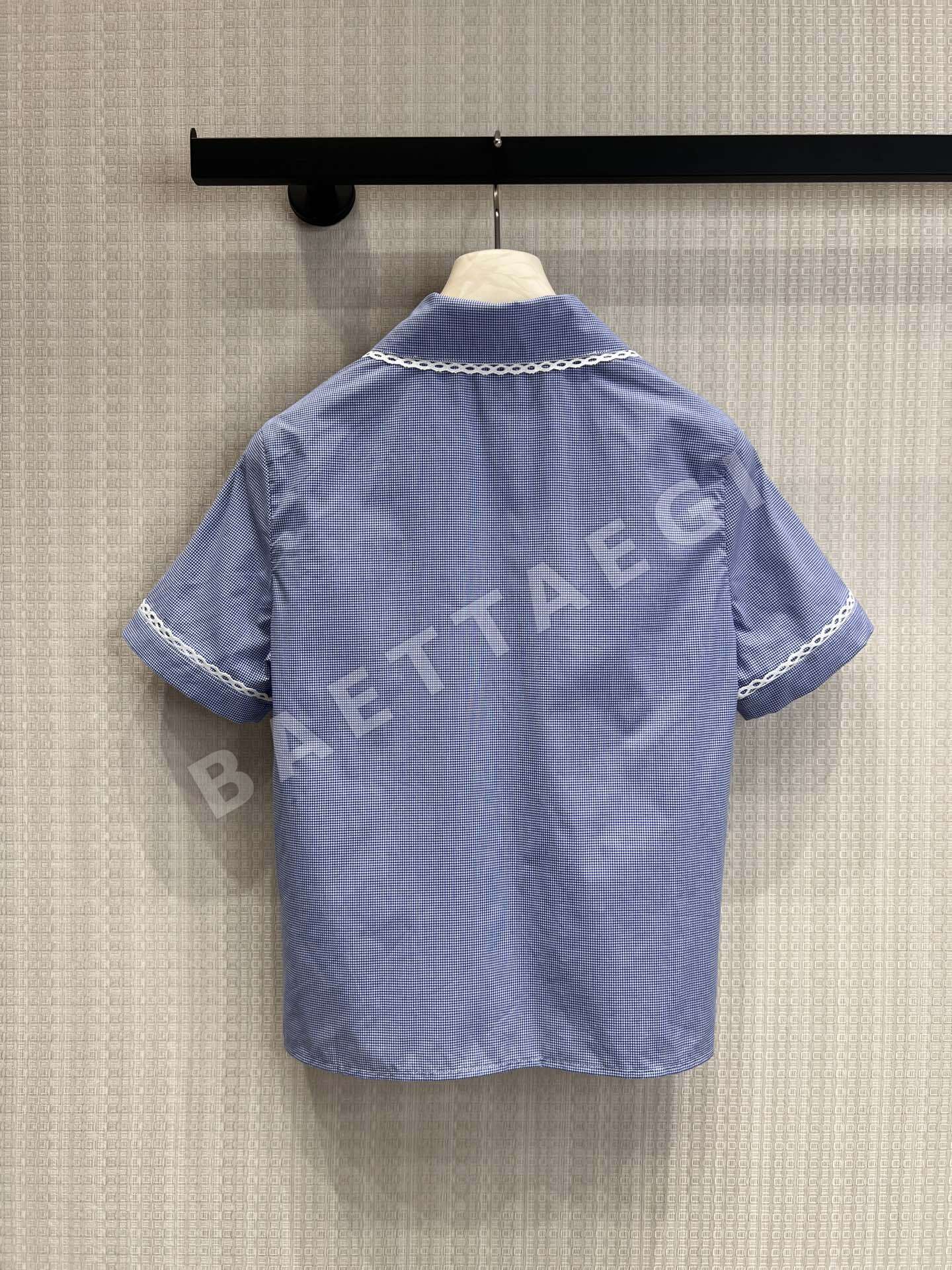 미우미우 블루 체크 피터팬 카라 반팔 셔츠 상세 이미지 2