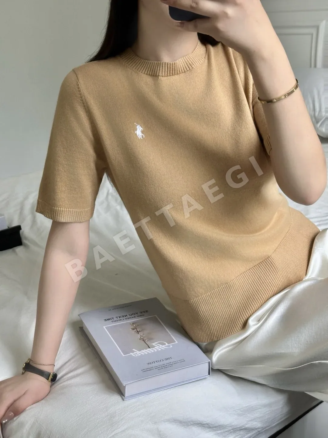 폴로 여성 포니 자수 코튼 반팔 니트 탑 상세 이미지 6