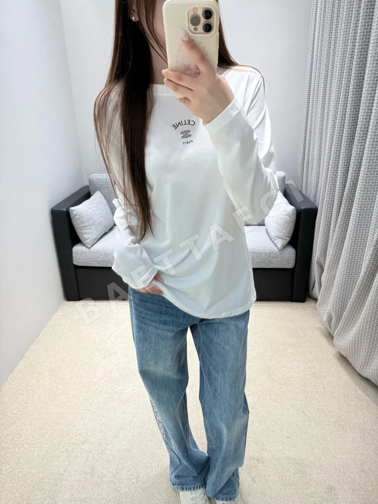 셀린느 블랙 화이트 크루넥 긴팔 티셔츠 상세 이미지 2