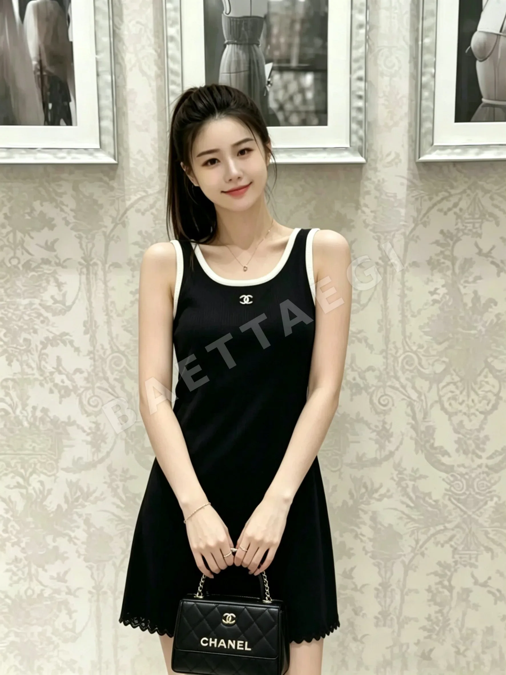 샤넬 시스루 레이스 장식 니트 캐미솔 원피스 상세 이미지 1