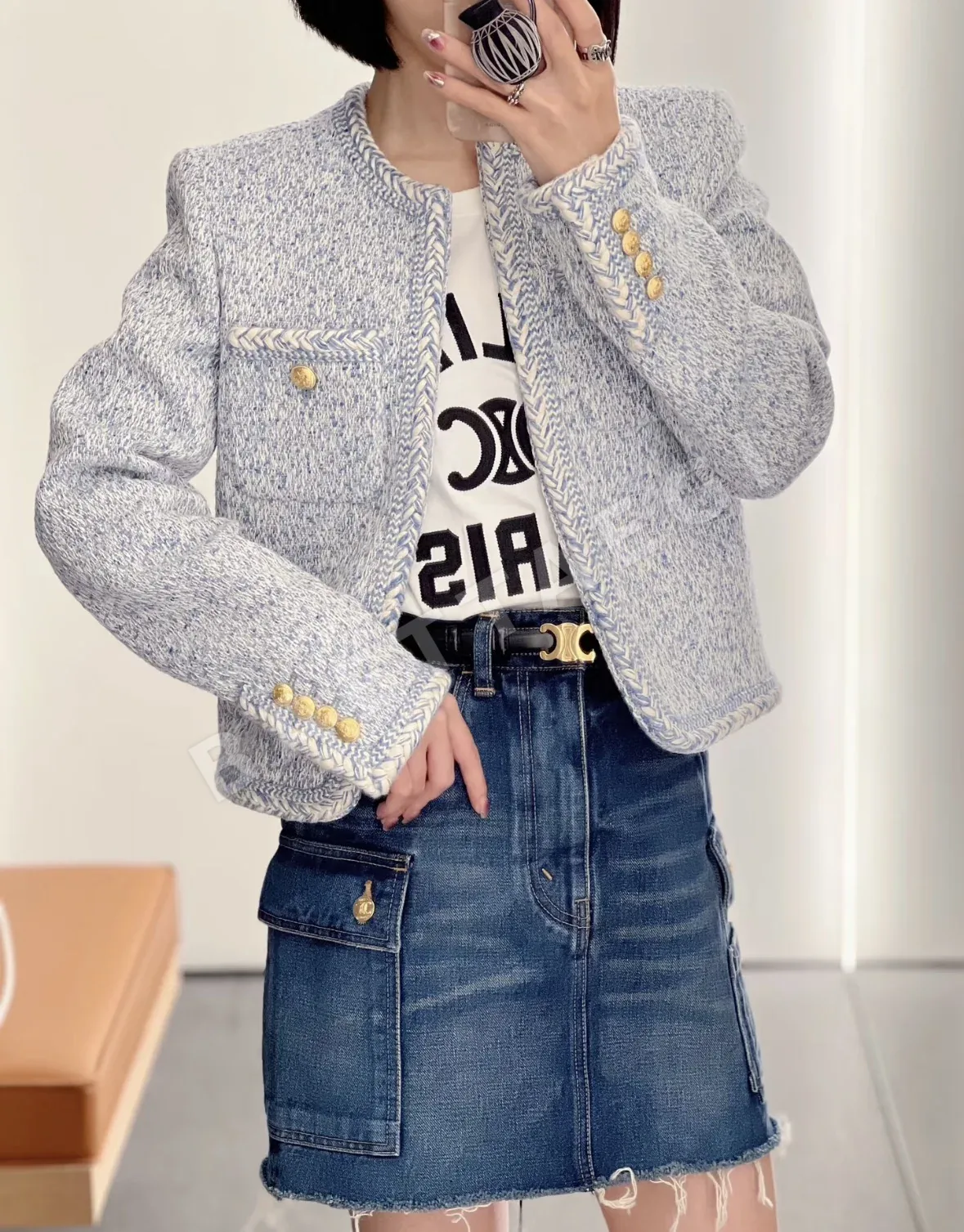 셀린느 그레이셔블루 트위드 크롭 자켓 상세 이미지 7
