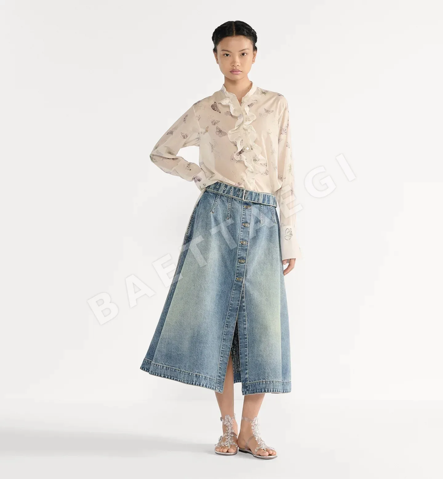디올 데님 자카드 하이웨이스트 A라인 미디 스커트 상세 이미지 2