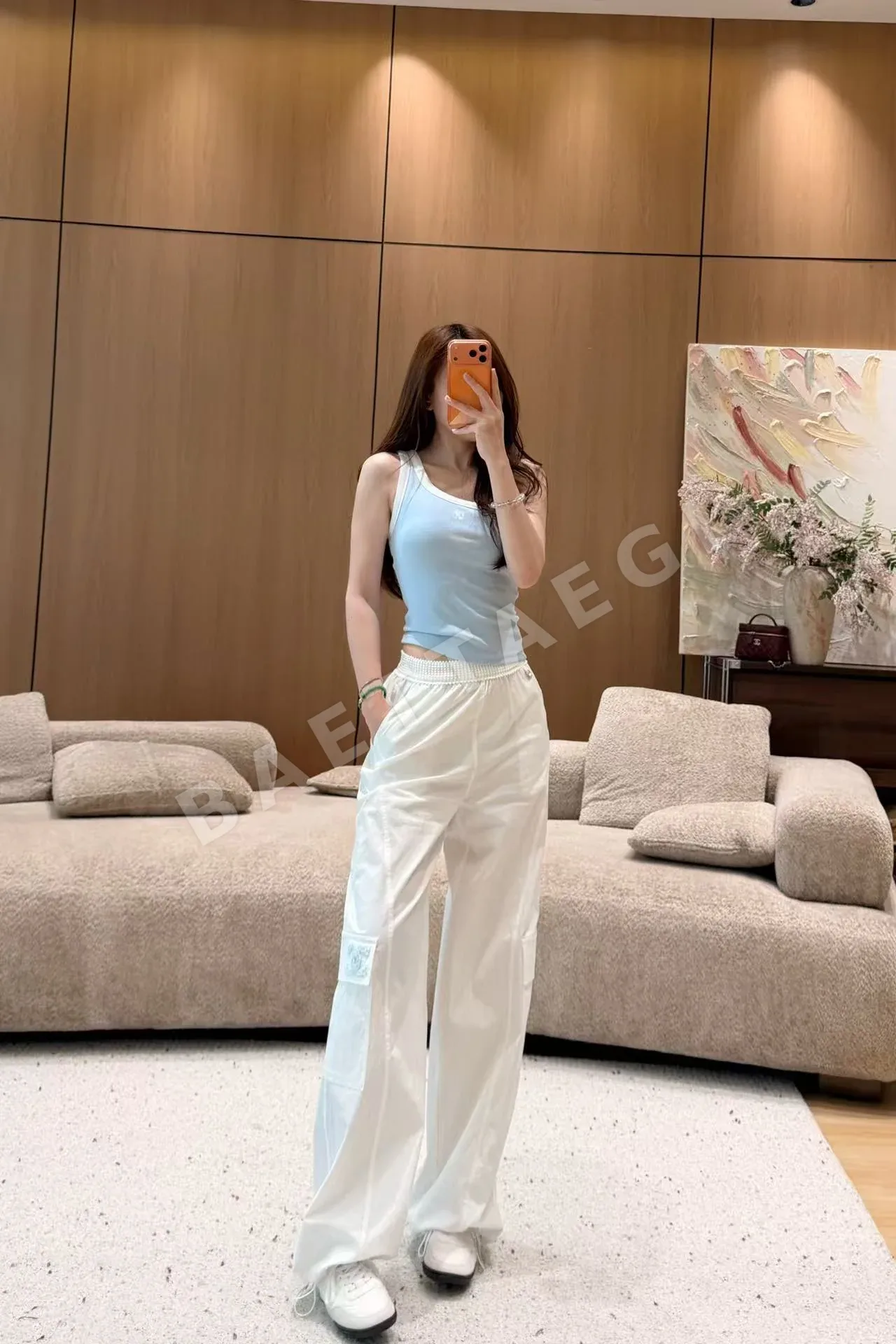 샤넬 더블 C 로고 허리 밴딩 와이드 카고 바지 126454
