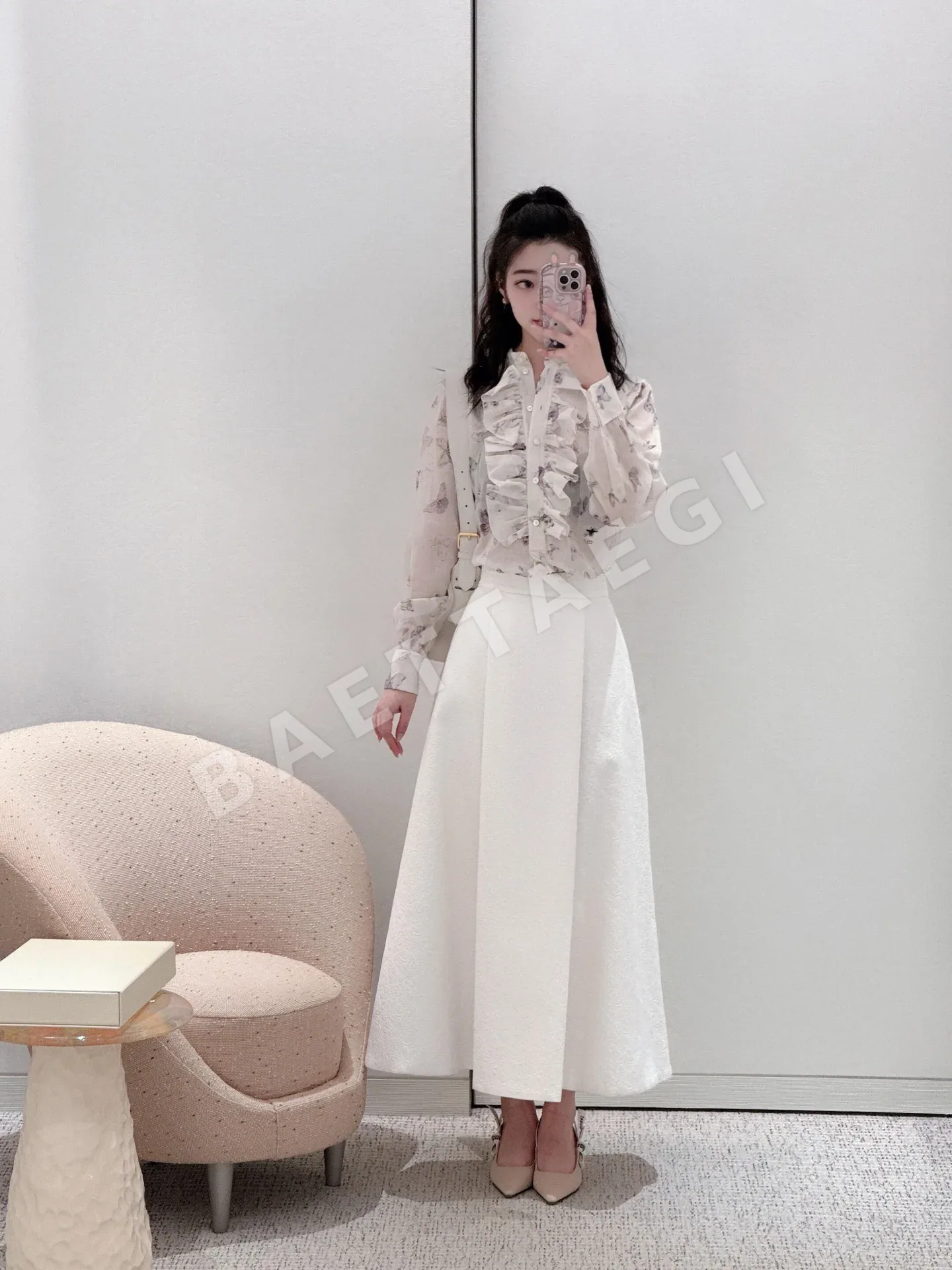 디올 나비 프린트 프릴 여성 셔츠 93150