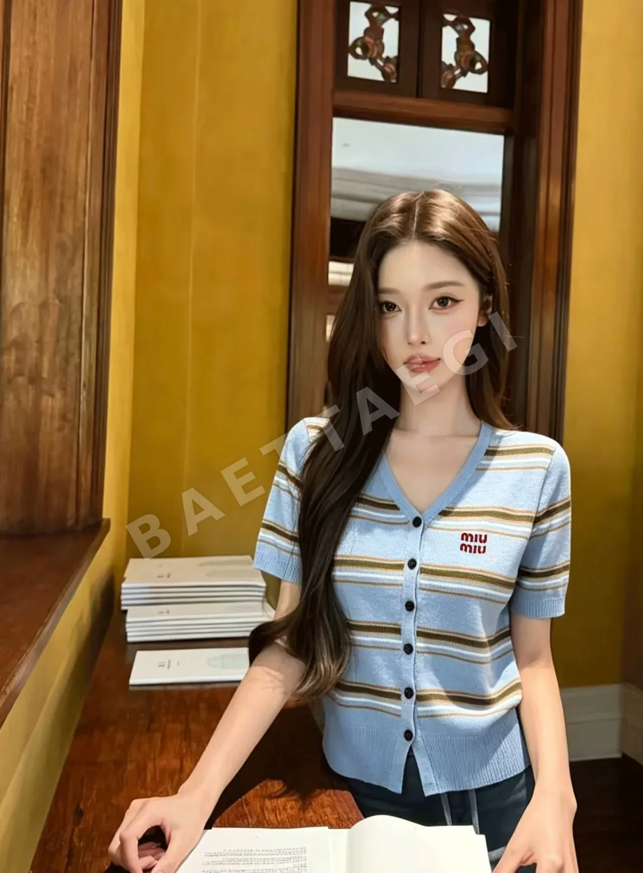 미우미우 컬러블록 스트라이프 V넥 반팔 가디건 127844