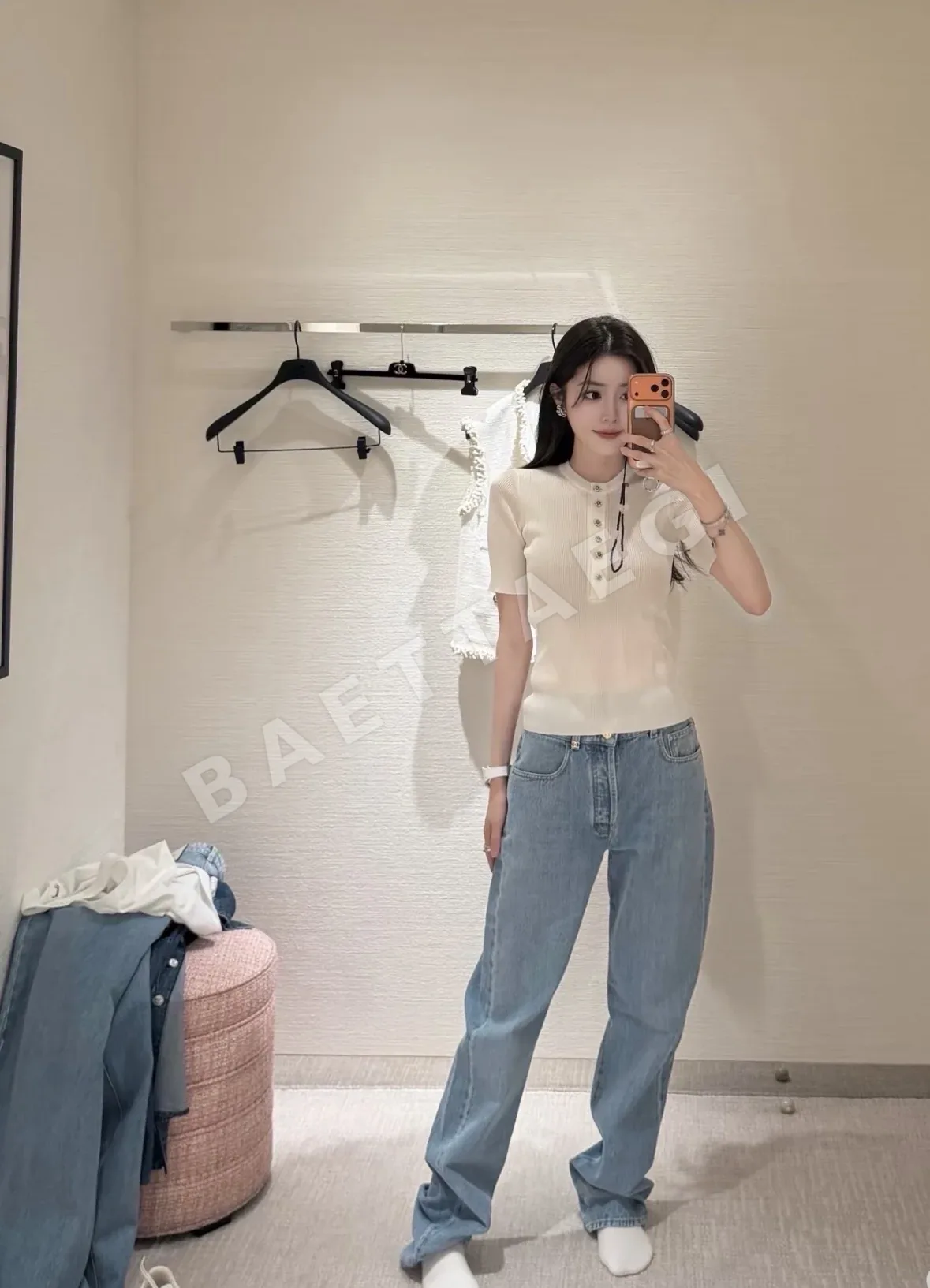 샤넬 리브 니트 여성용 반팔 티셔츠 상세 이미지 6