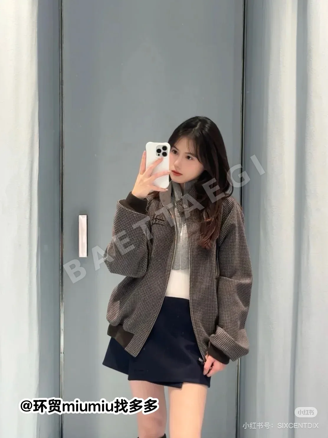 미우미우 체크 울 리버시블 여성 자켓 상세 이미지 5