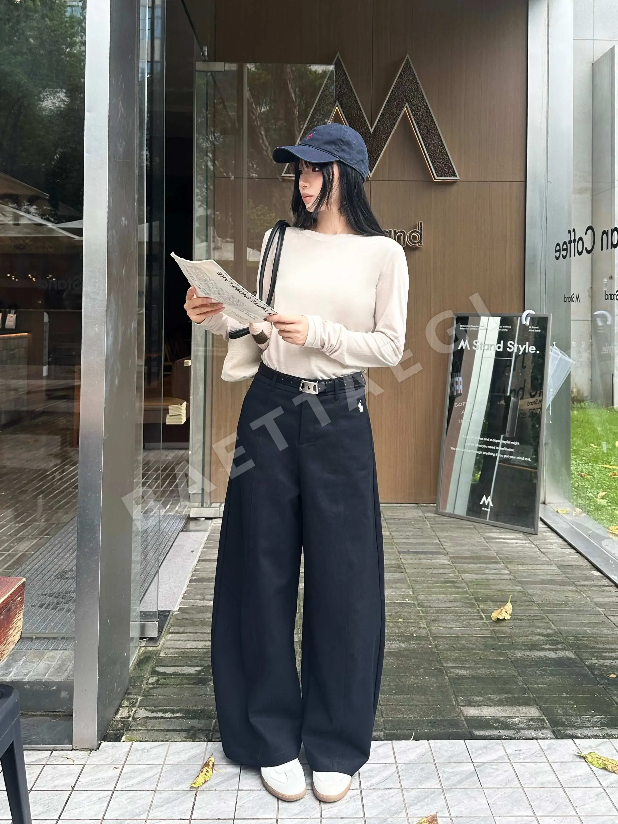 폴로 포니 자수 벨트 장식 와이드 레그 바지 156475