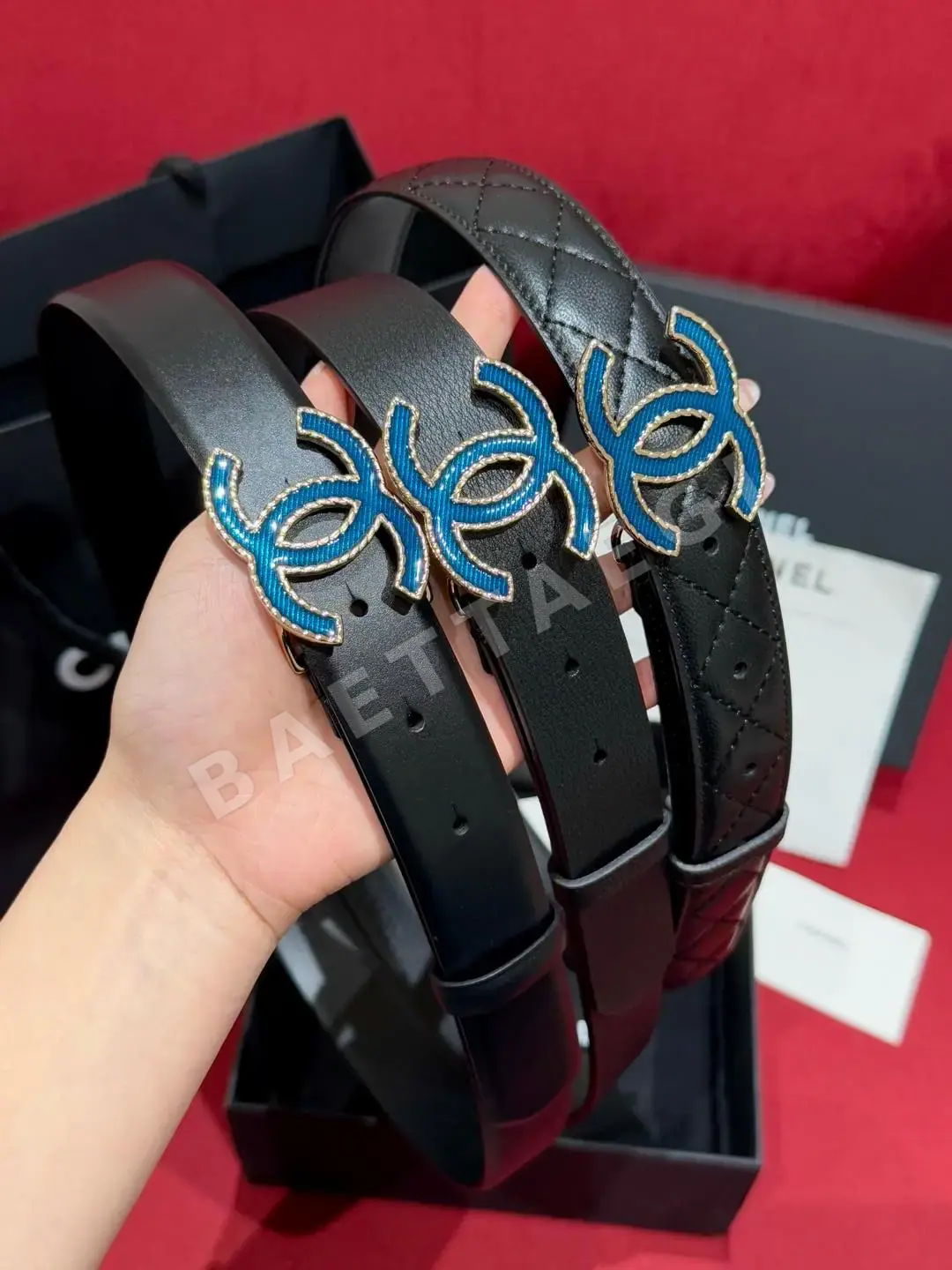 샤넬 더블 C 데님 버클 가죽 벨트 173864