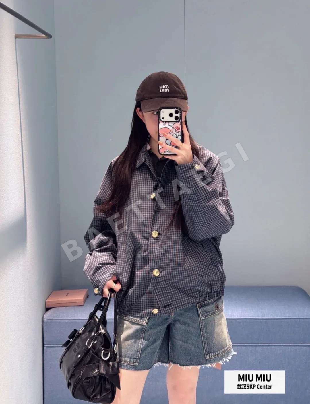 미우미우 업리케 자수 체크 금장 버튼 자켓 상세 이미지 7