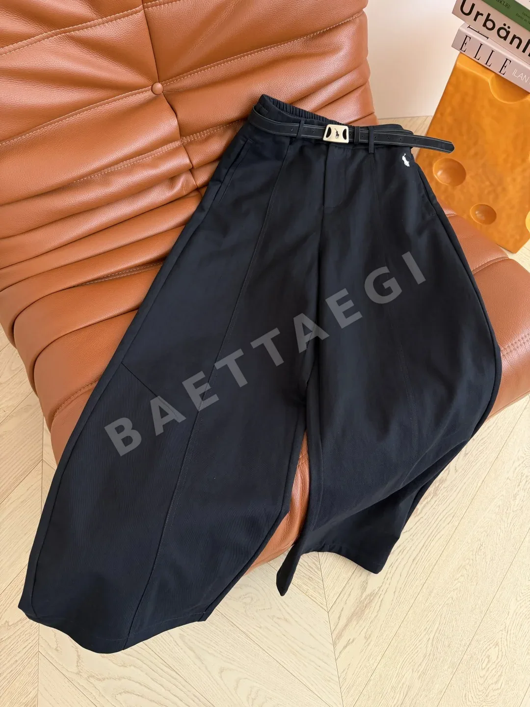 폴로 포니 자수 벨트 장식 와이드 레그 바지 상세 이미지 6